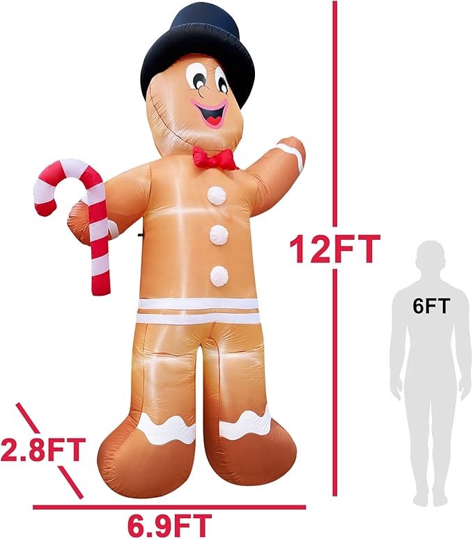 Inflatable Gingerbread Man, Outdoor Christmas Decoration with Candy Cane LED Lights Stakes Tethers Christmas Blow Up Yard Decor Home Outside Lawn Garden Holiday Party