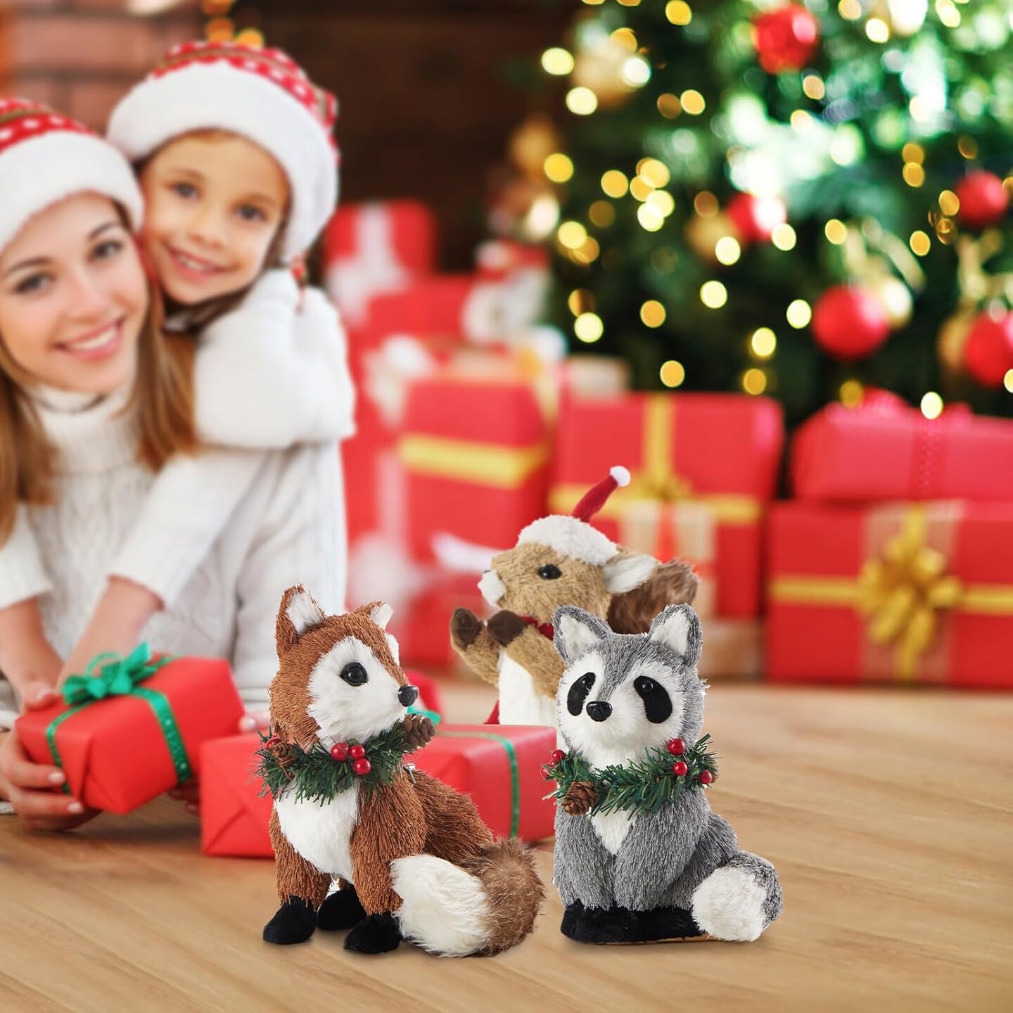 Set of 6 Sisal Woodland Animals for Rustic Christmas Decorations, Animal Figurines with Holiday Accent as Christmas Table Decor or Farmhouse Decor