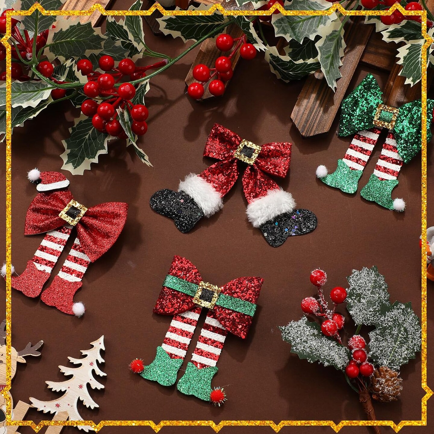 4 Pack Christmas Hair Clips Glitter Sequins Bow Hair Clips Red Bow Hair Clips Glitter Bow Party Cute Decoration Deer Antler Elf Headdress Clips Christmas Hat Bows for Women Gifts