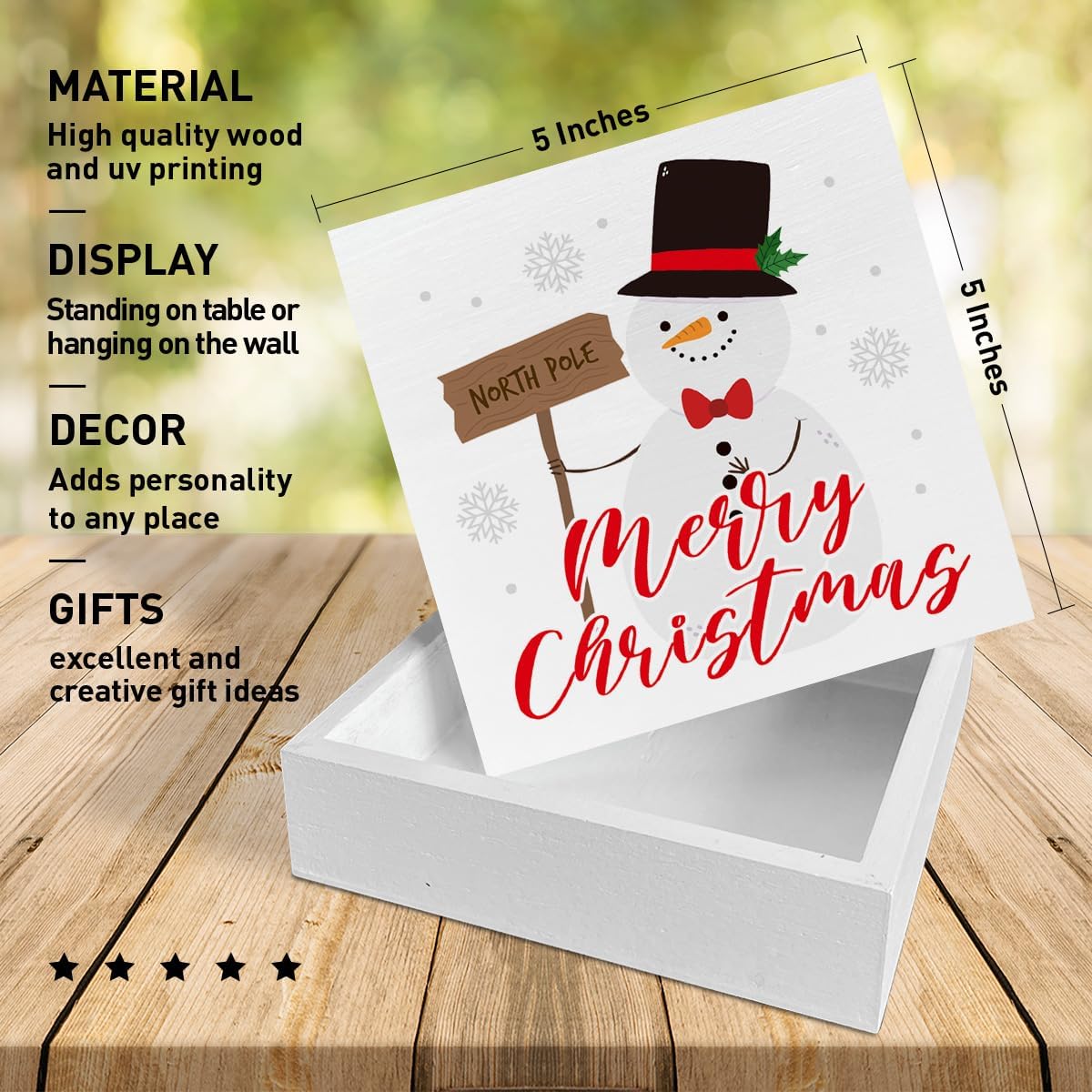 Merry Christmas Table Wooden Box Sign Decor, North Pole, Holiday Table Decor Snowman Xmas Tabletop Decorations for Home Kitchen Bedroom Shelf Office Desk Decor