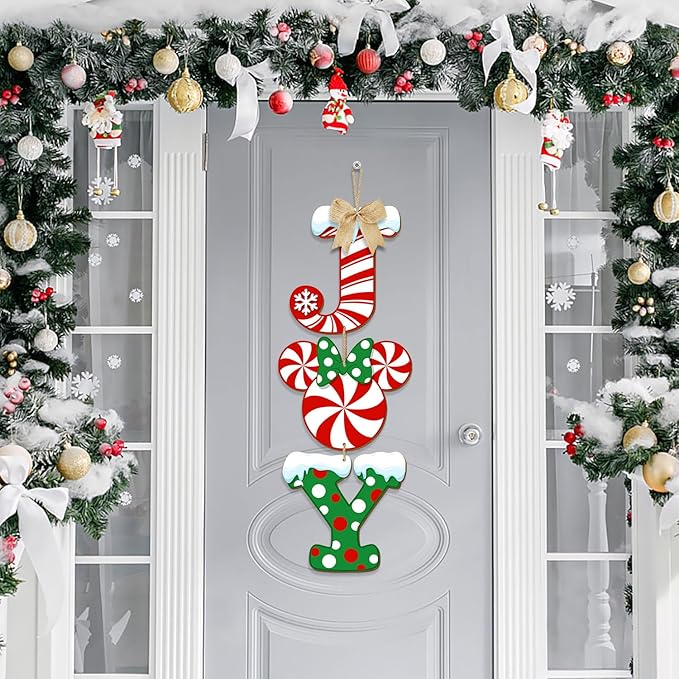 3 Pieces Christmas Joy Door Sign Decorations, Peppermint Candy Mouse Shaped Wreath for Front Door, Wood Joy Wall Sign Door Hanger for Xmas Party Winter Home Holiday Decor with Bow