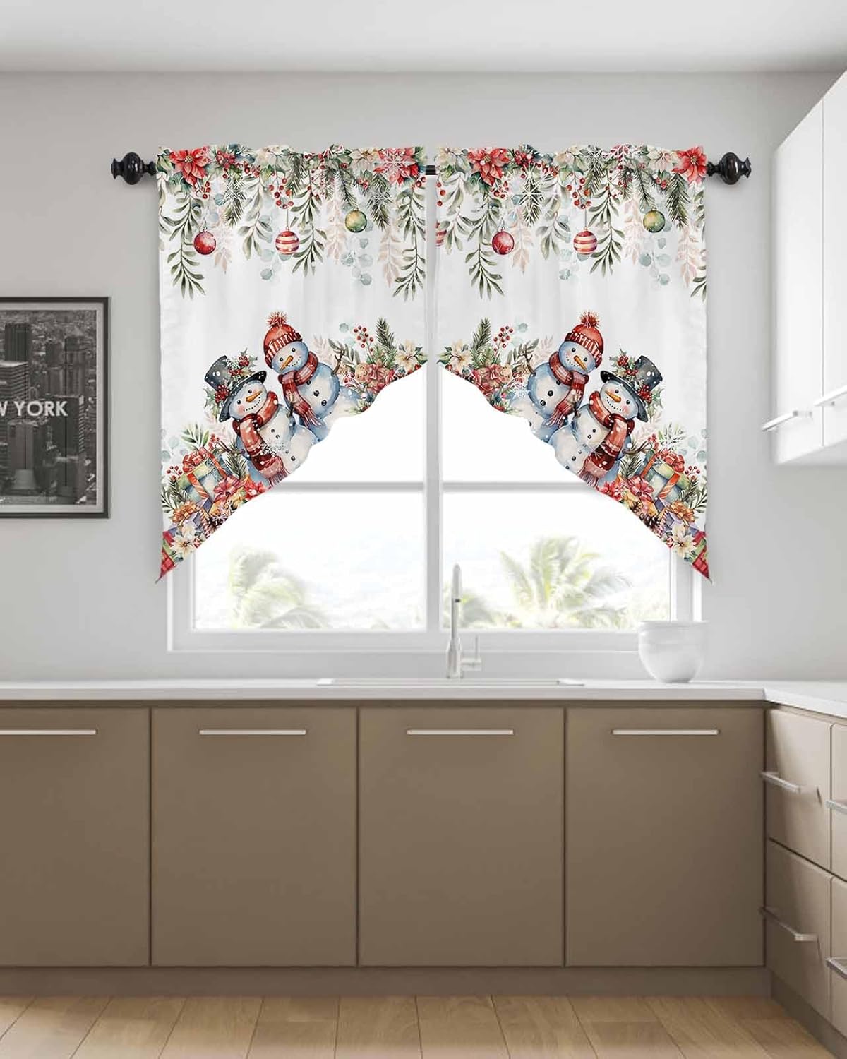 Christmas Red Eucalyptus Leaves Curtain Valance for Window, Farmhouse Swag Curtains, Cute Snowman Valance for Kitchen Bathroom Bedroom, Rod Pocket Window Valance Curtains Over Sink 28" W x 36" L