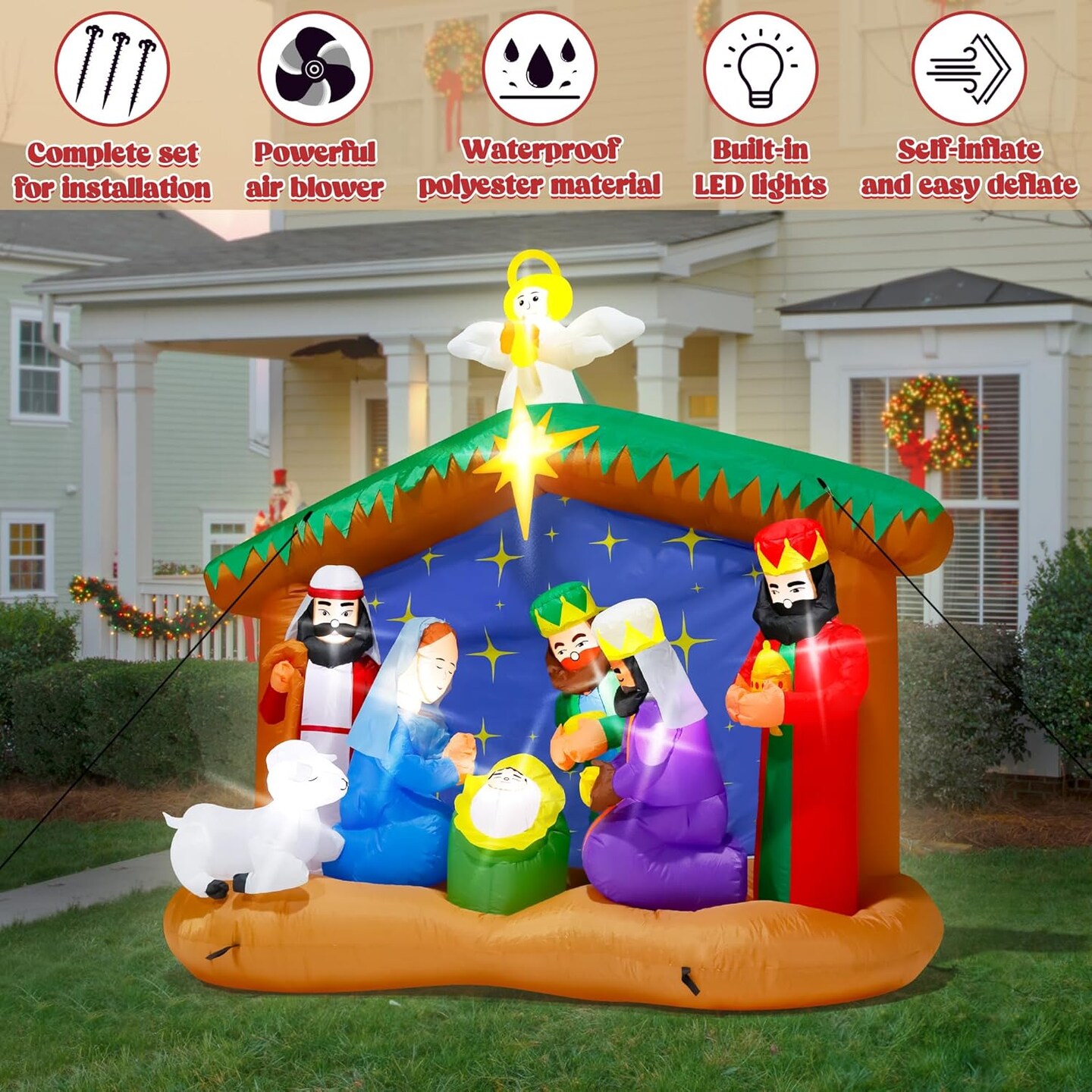 8FT Christmas Inflatables Nativity Scene, Blow Up Christmas Nativity Scene, LED Lighted The Birth of Jesus Scene Inflatables Decor, Christmas Outdoor Inflatable Decorations for Xmas Yard Lawn Patio