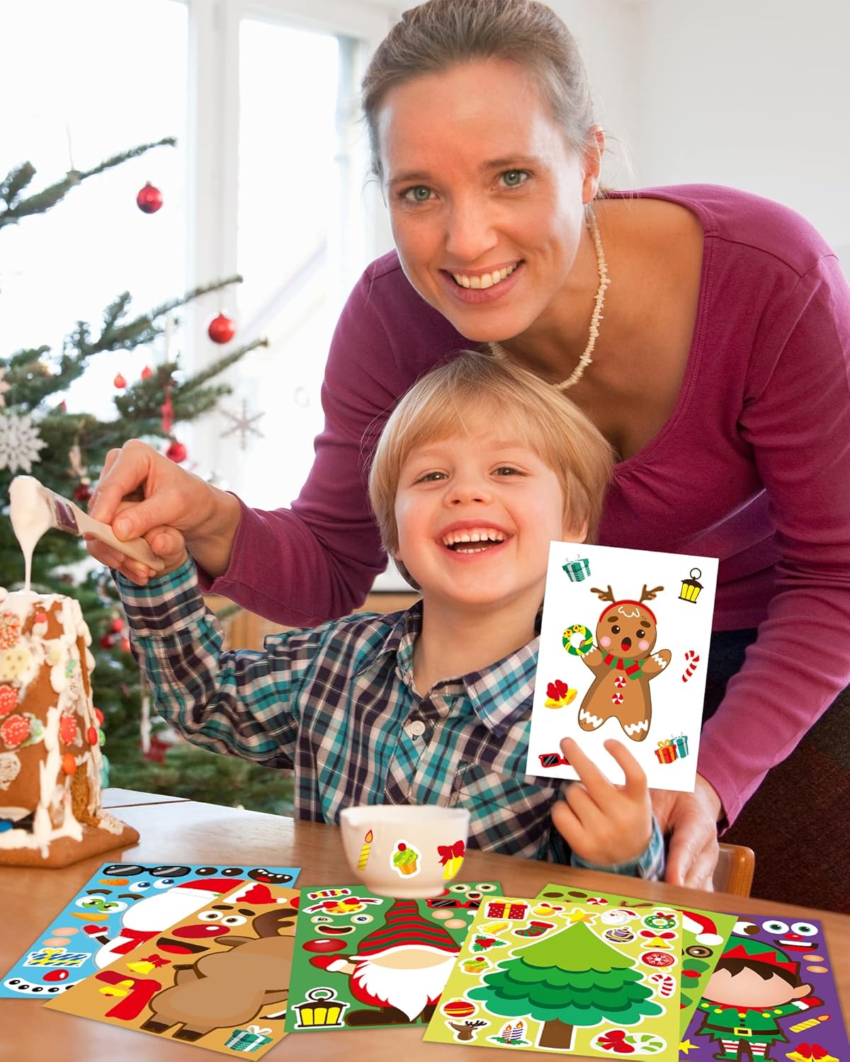 42 Sheets Christmas Party Favors Stickers, Christmas Crafts Make Your Own Sticker, Christmas Gifts for Classroom Student Stocking Stuffers Goodie Bag Christmas Activities Game Holiday Sticker for Kids