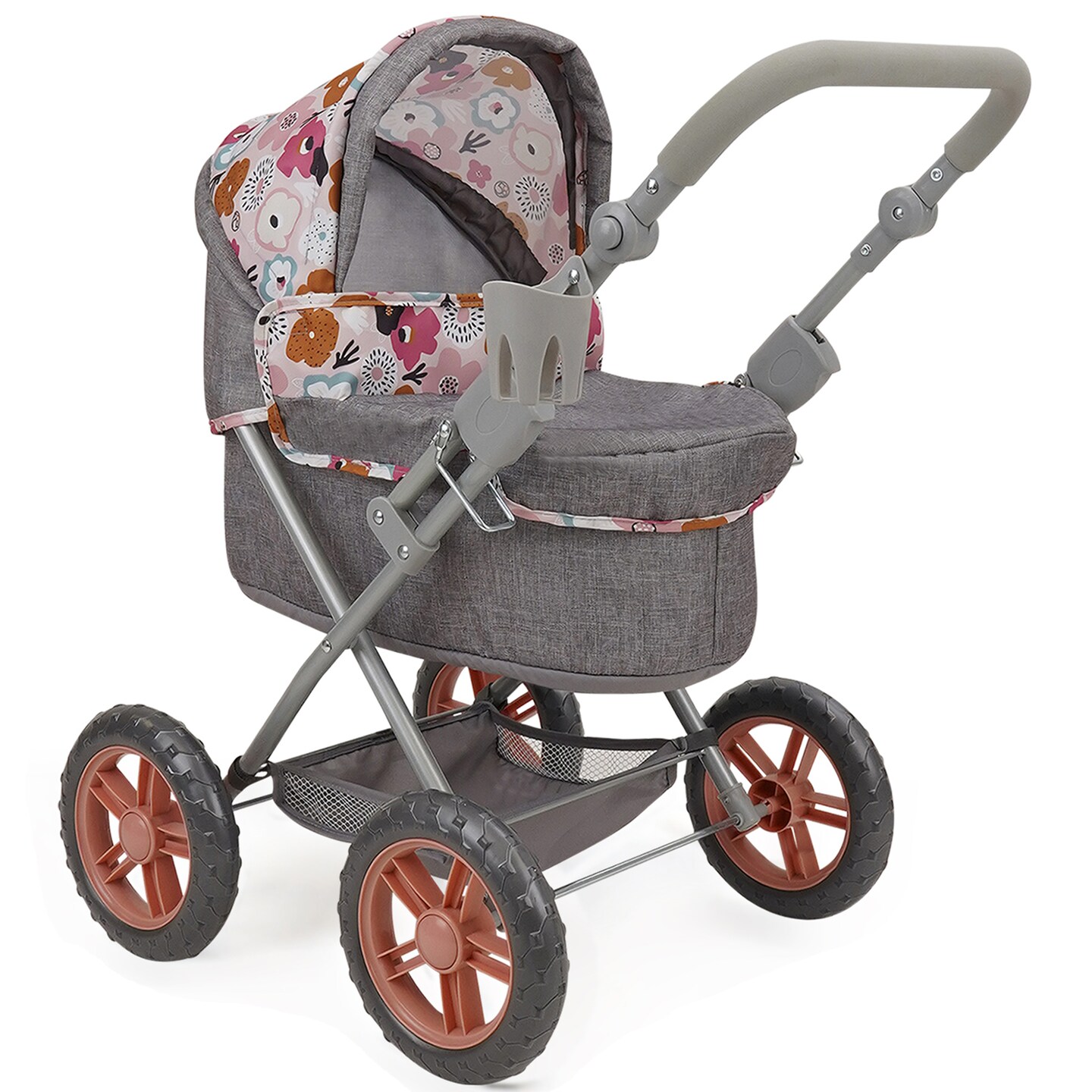 509 Crew: Melange Flora - Amanda Doll Pram - Matching Handbag, Doll Accessory, Adjustable Handle, Removable Bassinet, Foldable Design, Kid Toy, Age 3+