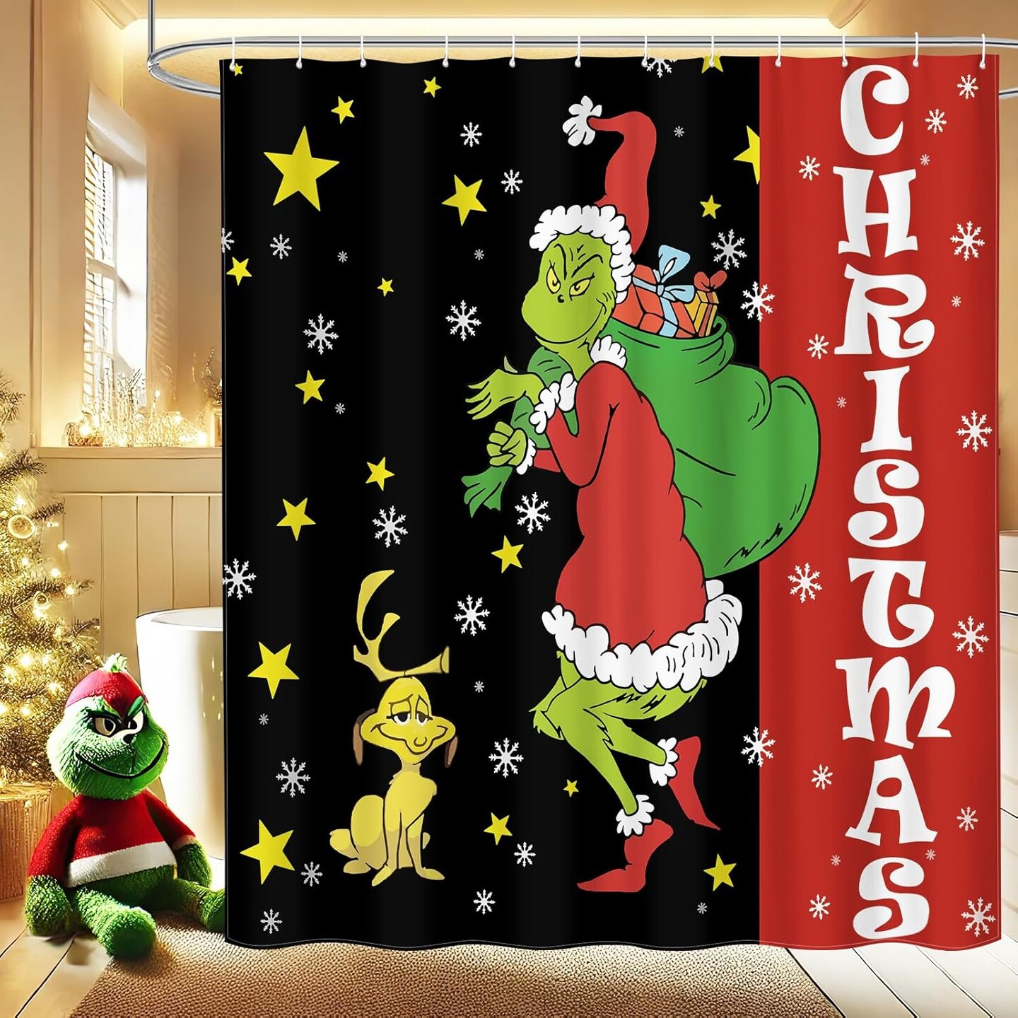 Christmas Shower Curtain for Bathroom, Black and Red Xmas Shower Curtain Fabric, Funny Merry Christmas Holiday Bathroom Curtain with Hooks 71&#x22; x 71&#x22;