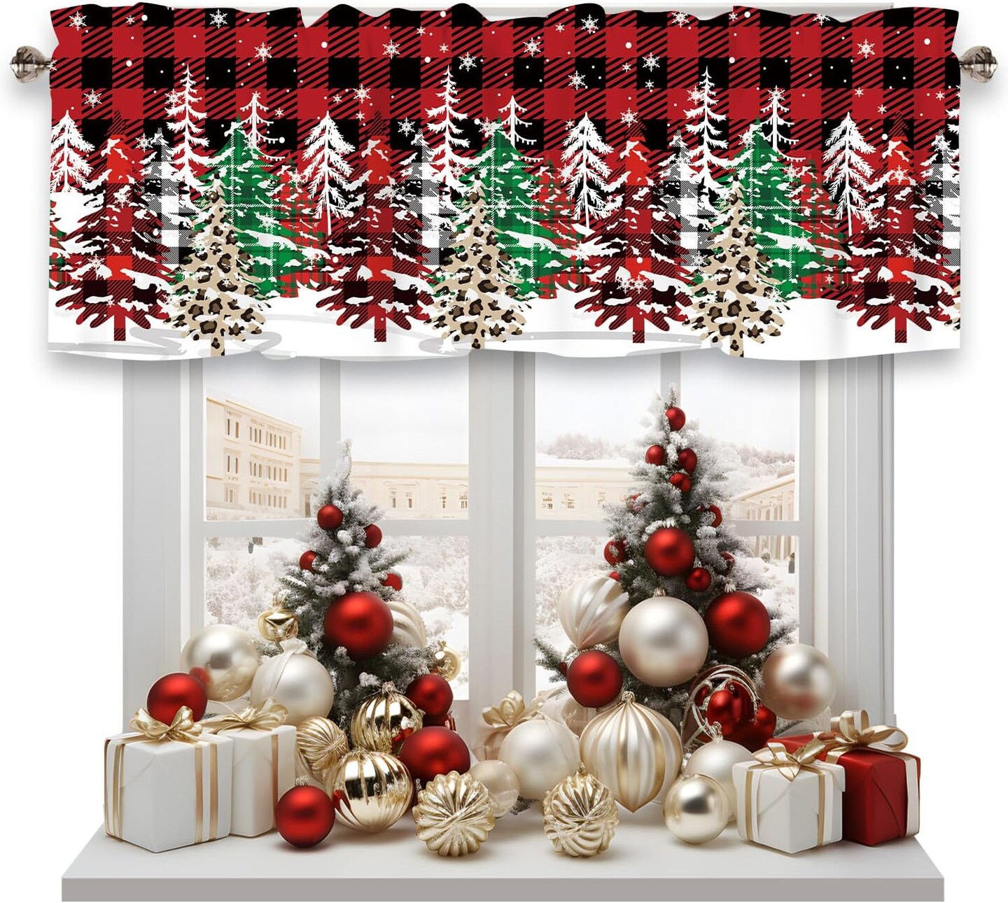 Christmas Curtain Valance for Windows Red Black Buffalo Check Plaid Snowflake Christmas Tree Winter Holiday Window Treatments 1 Panel Short Curtains for Kitchen Windows Bathroom Bedroom,54 x 18 Inch