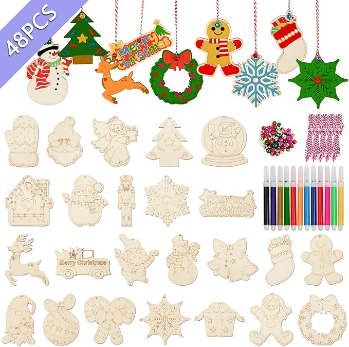 DIY Wooden Christmas Ornaments for Crafts 24 Styles, Unfinished Wood Slices with Bells, Colored Pens and Ropes for Xmas Holiday Tree Party Decorations