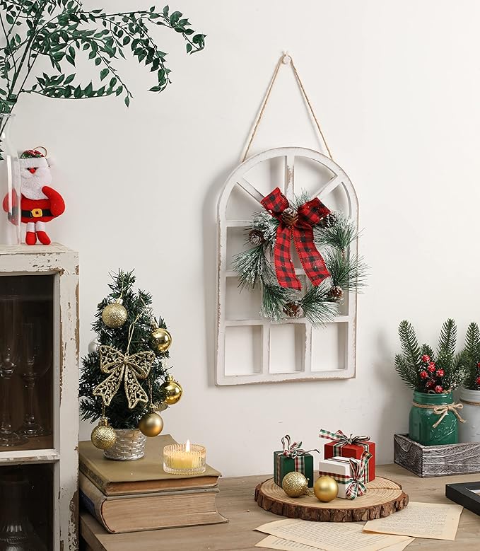 Wood Christmas Holiday Wall Hanging Indoor Outdoor Decorations Rustic Christmas Window Plaque Signs Wooden Arch with Wreath Christmas Home Party (Red-Black)