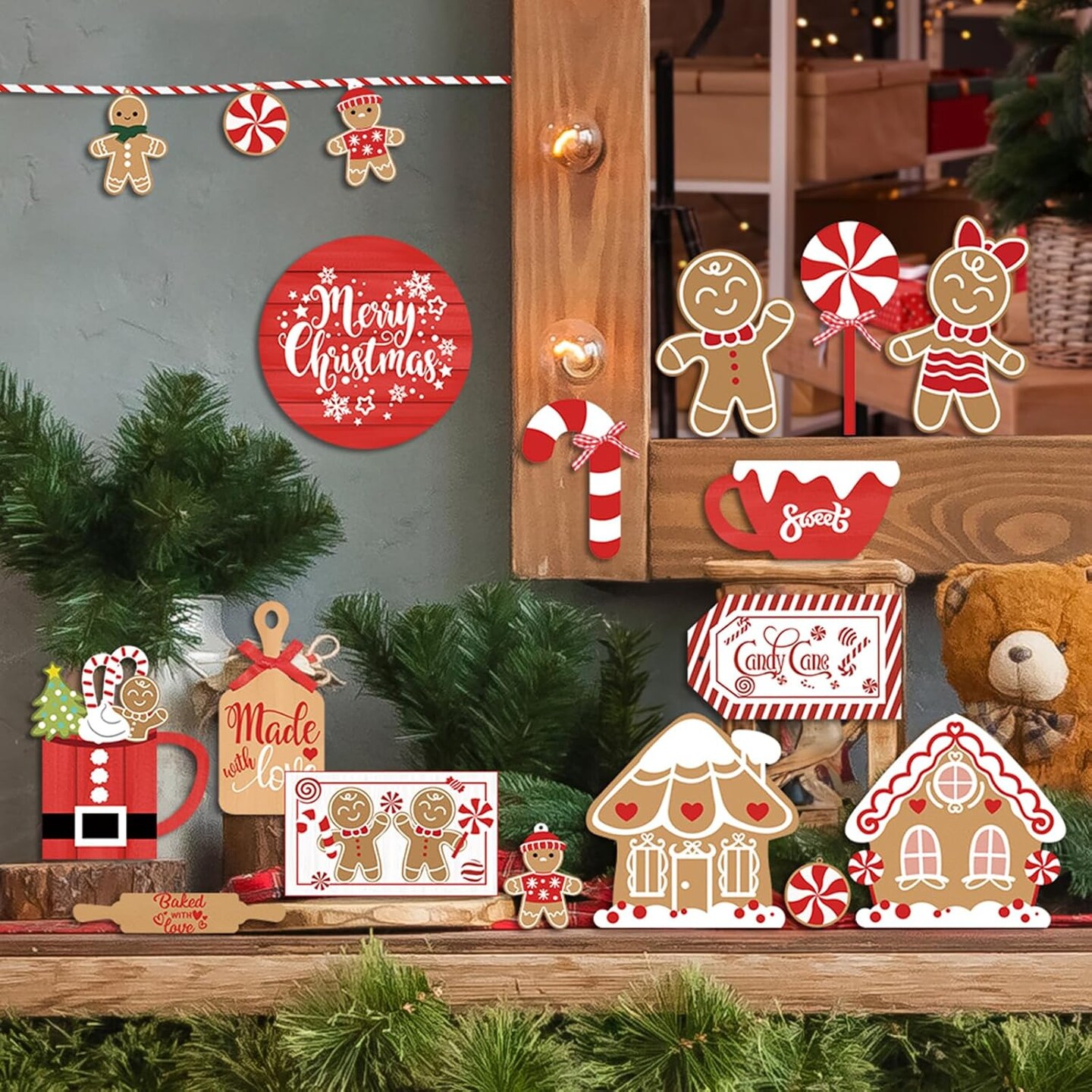 18Pcs Christmas Gingerbread Tiered Tray Decor Red Chirstmas Wooden Wall Art Decor Christmas Candy Table Centerpieces Decoration Kitchen Tabletop Party Decor