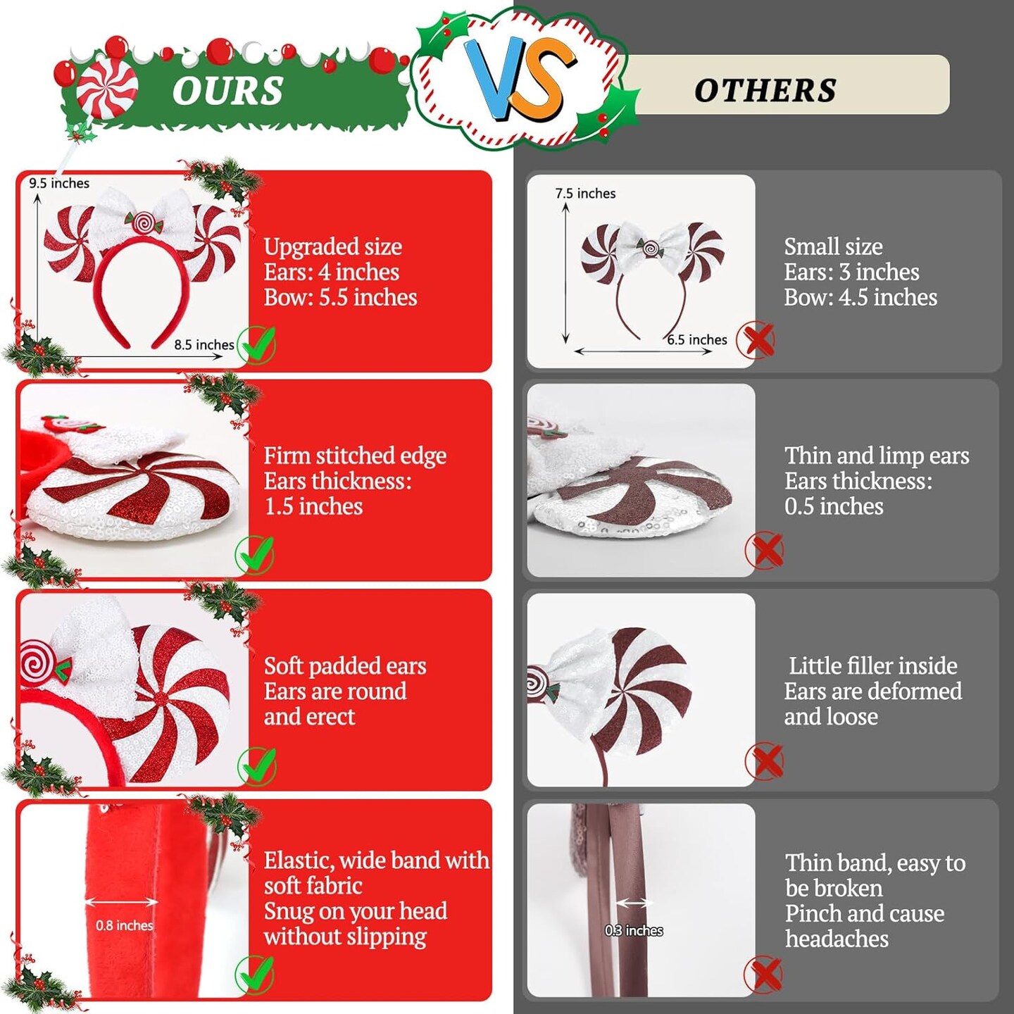 Christmas Ears for Women Adult Kids, Peppermint Candy White Red, Glitter Park Ears Christmas Headband for Christmas Party Gathering Cosplay Costumes Accessories