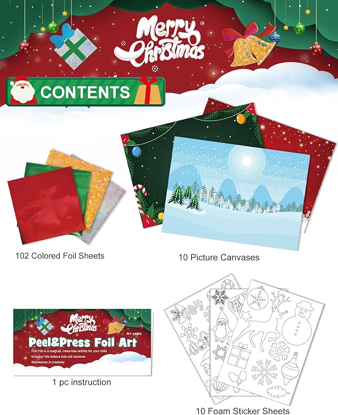 Christmas Fun Foil Art Kit Ages 4 to 8,Christmas No Mess DIY Art Creative Activity