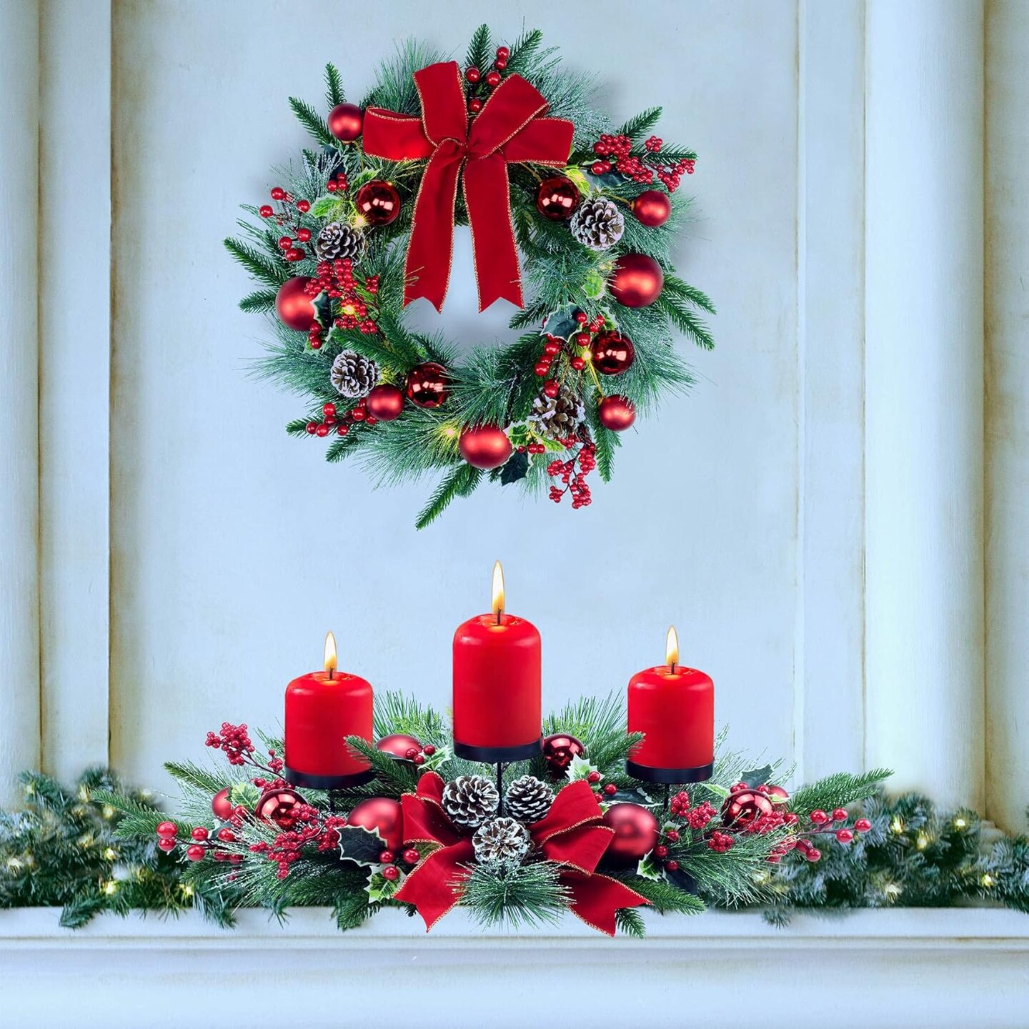 28&#x22; Christmas Triple Candelabrum, Holiday Candle Holder with Three Trays, Red Bowknot &#x26; Baubles, Natural Pine Cones, Red Berries, Green Leaves Holly, Spruce Branches, Pine Needles (Red)