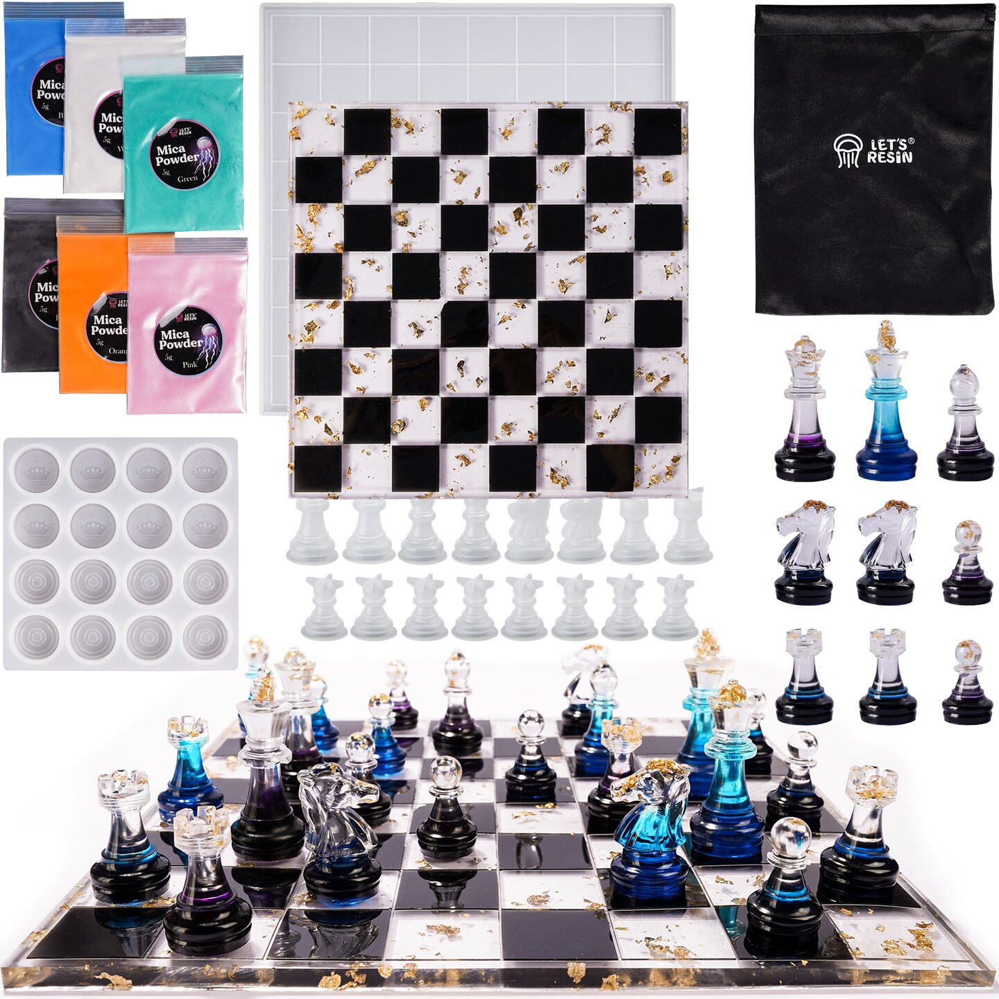 LET&#x27;S RESIN Chess Molds for Resin Casting, Upgraded Resin Chess Set Mold with 16 Piece 3D Full Size Chess Checkers &#x26; Chess Board Epoxy Silicone Resin Molds, DIY Chess Board Game, Christmas Gifts