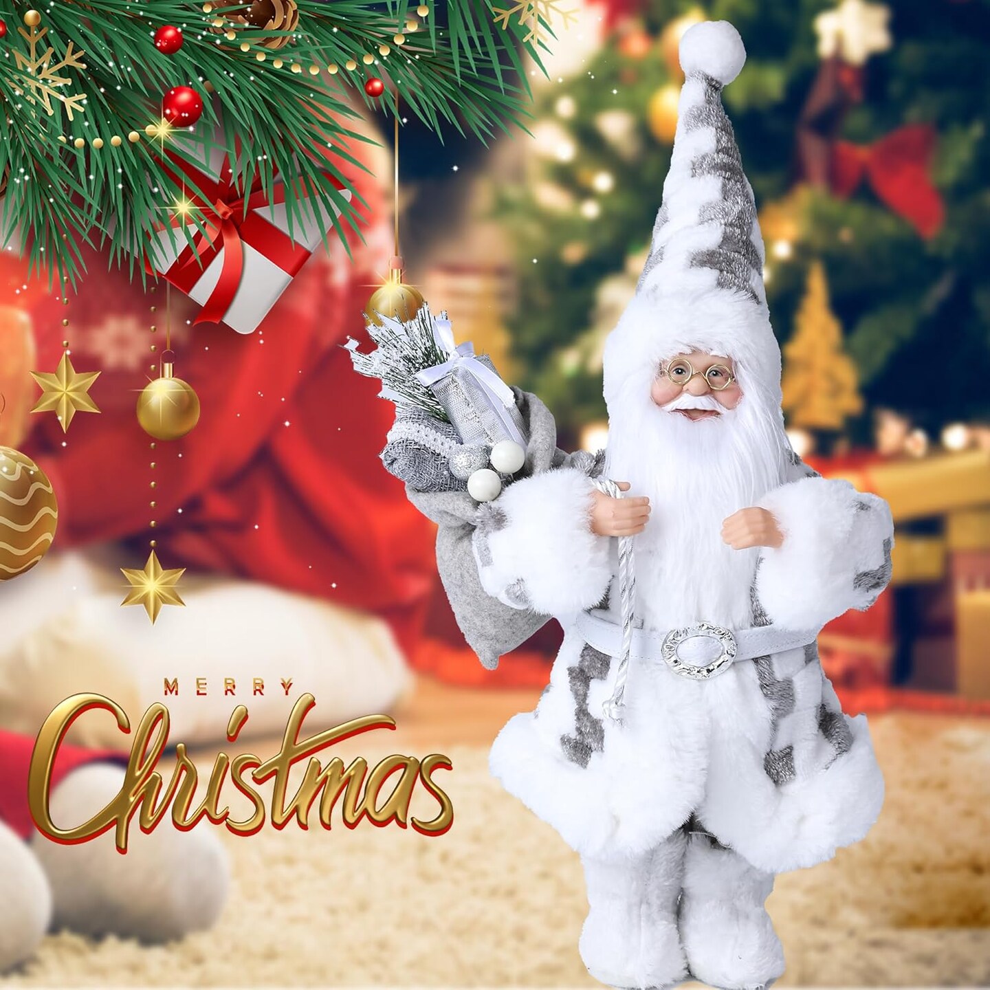 13.8inch Santa Claus Figurines Fluffy Christmas Standing Santa Figure Decorations Gift for Xmas Outdoor Indoor Home Office Ornaments Grey White Plaid