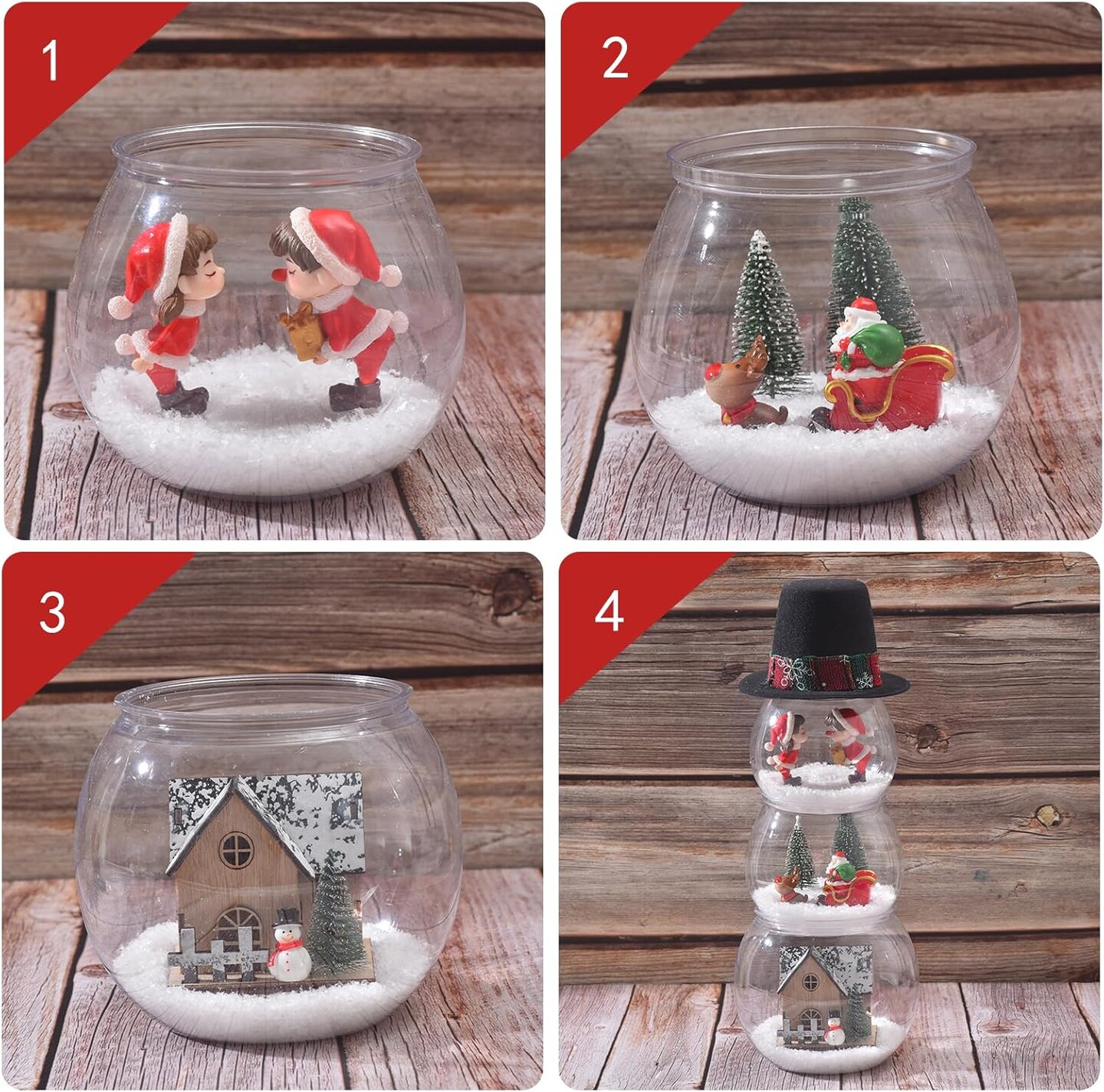 Christmas Decorations Indoor, DIY Fish Bowl Snowman Crafts, Christmas Centerpiece Table Decor, Snowman Xmas Decor, Festive Table Top Decor with Fake Snow & Figurine for Home Mantel Shelf (Black)