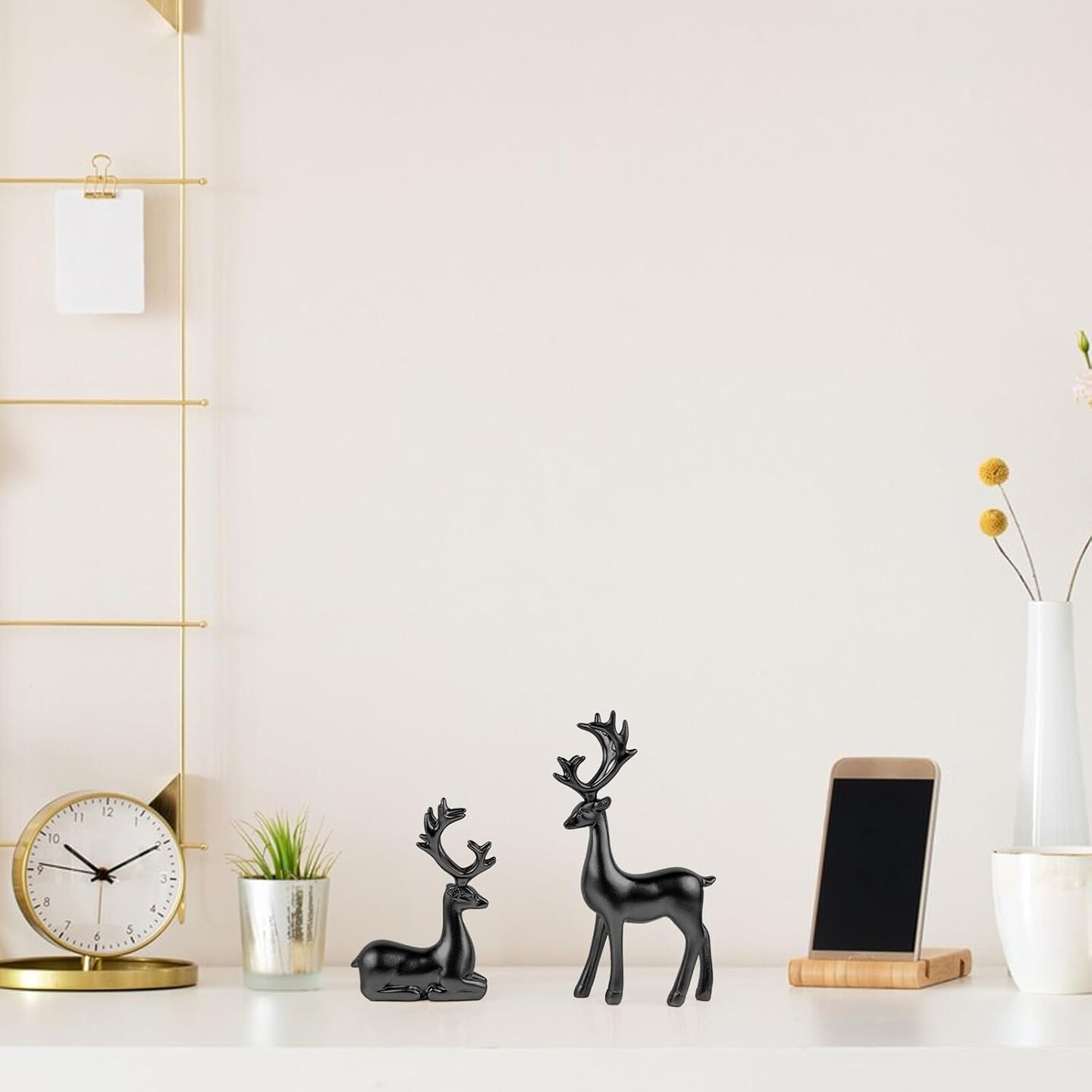 2 Pack Resin Christmas Reindeer Figurines Deer Statues Elk Sculpture Deer Ornaments for Living Figurine Statues TV Cabinet Home Office Wine Cabinet Decoration (Black)