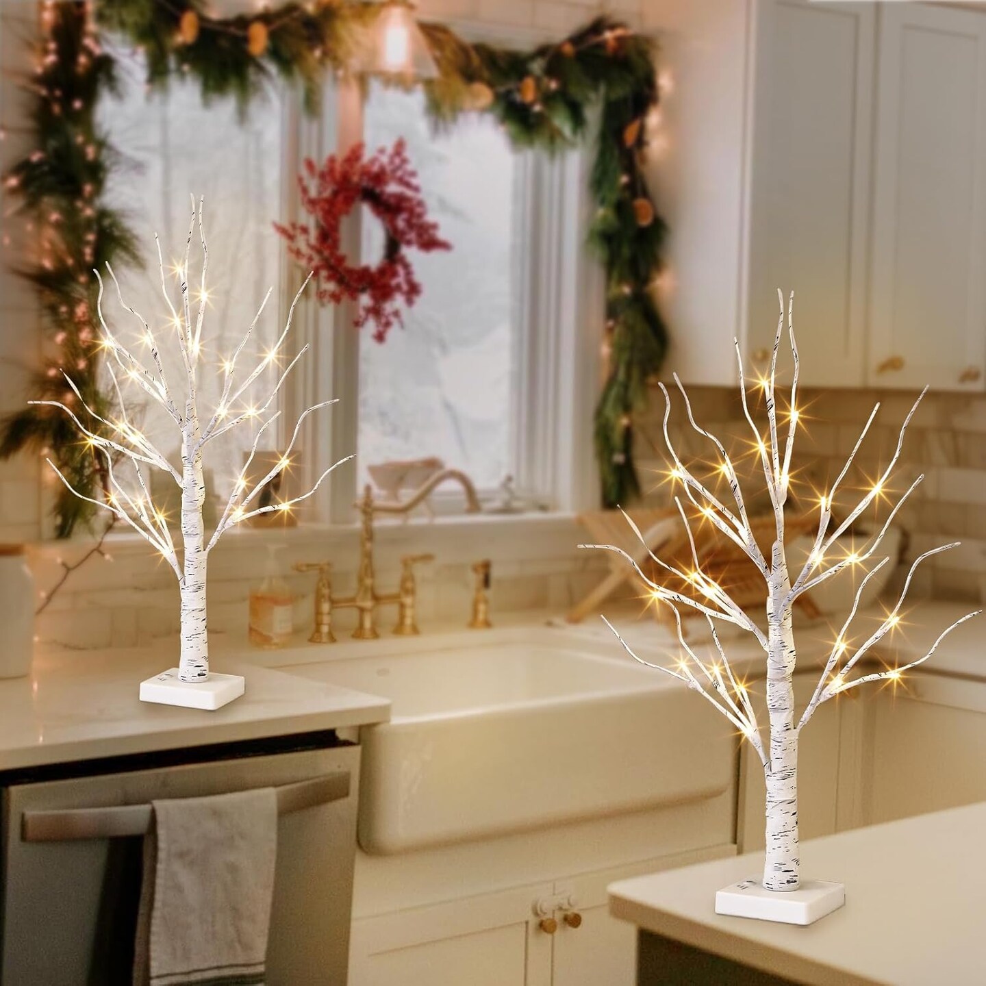 White Birch Tree with LED Lights - Set of 2, LED Tabletop Tree with Timer, Christmas Decorations Lighted Tree for Indoor Mantel Home Decor (2 FT, 24 LED)