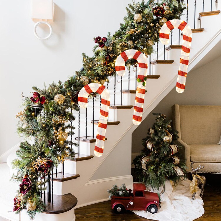 3 Pieces Pre-Lit Candy Canes with 75 LED Lights and Ground Stakes