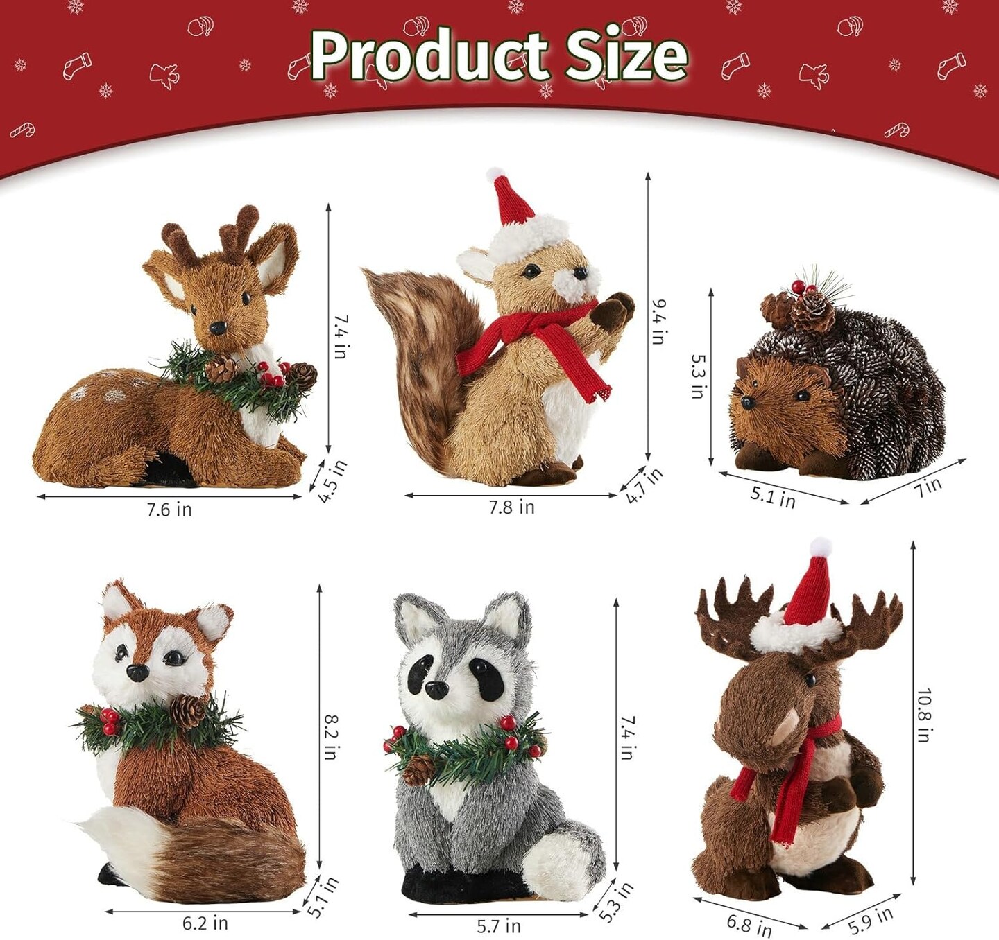 Set of 6 Sisal Woodland Animals for Rustic Christmas Decorations, Animal Figurines with Holiday Accent as Christmas Table Decor or Farmhouse Decor