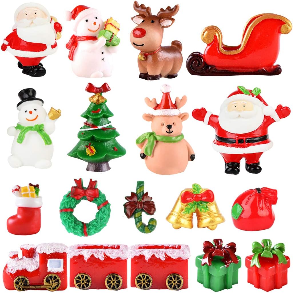 Christmas Miniature Figurines Mini Santa Clause Ornament Xmas Micro Landscape Christmas Tree Christmas Figurines Snowman Reindeer Gift for DIY Fairy Garden 18PCS