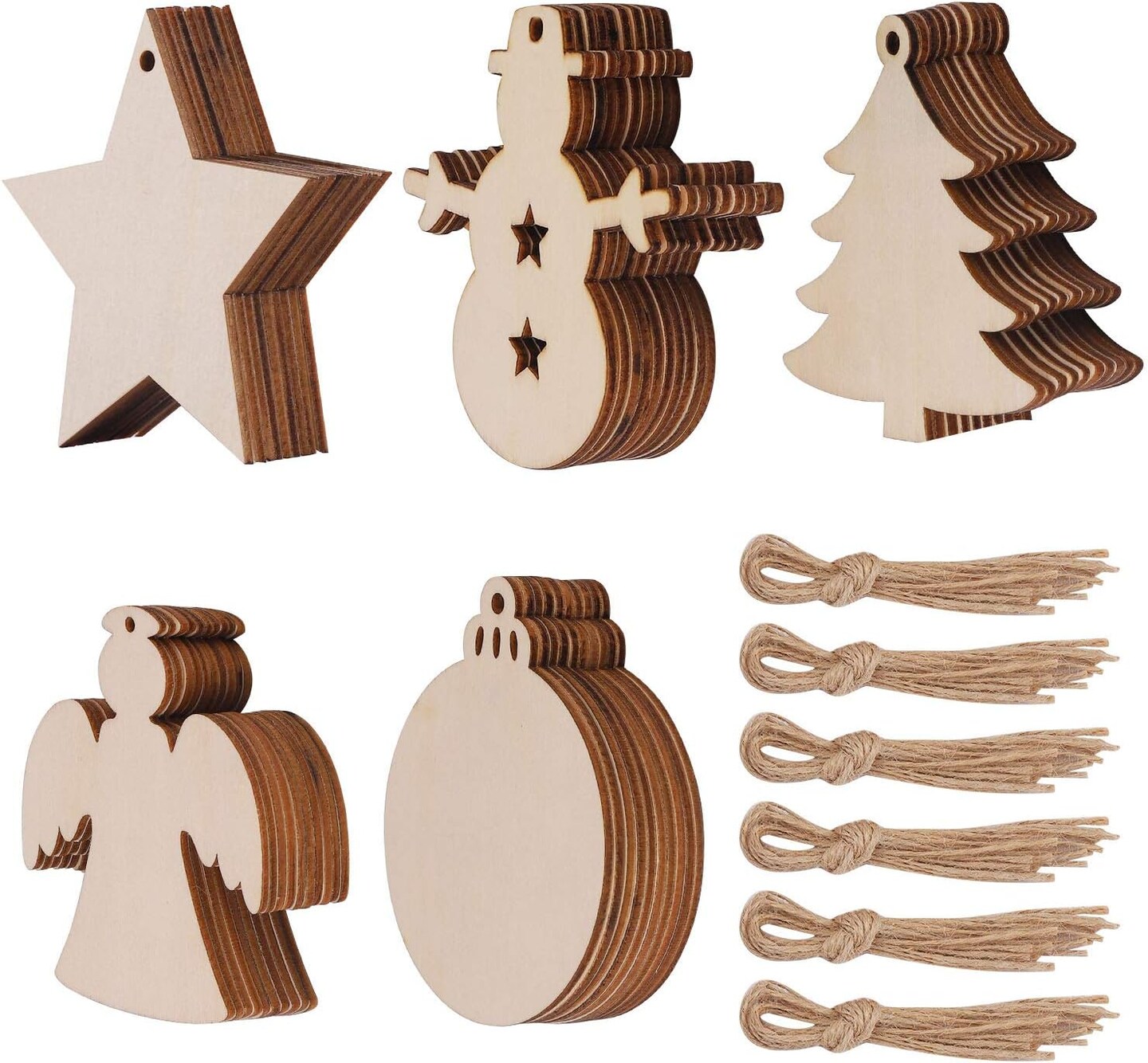 50 Pcs Unfinished Paintable Blank Wooden Christmas Festival Decoration Ornaments, Xmas Tree Hanging Wood Slices for Kids DIY Art Crafts, 5 Designs-Christmas Tree, Snowman, Stars, Angel, Round
