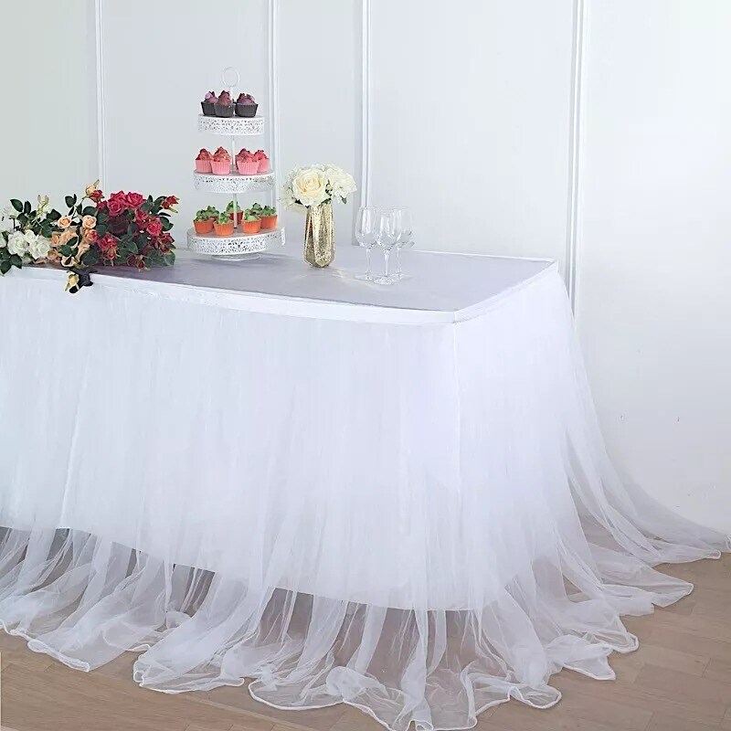 14 ft x 48&#x22; White TABLE SKIRT 2 Layers Tulle Satin Wedding Party Decorations