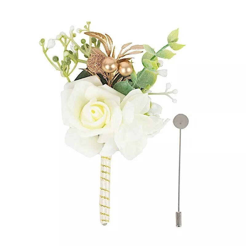 White 2 Silk Rose 5" Boutonnieres with Pin Artificial Flowers Wedding Party Home