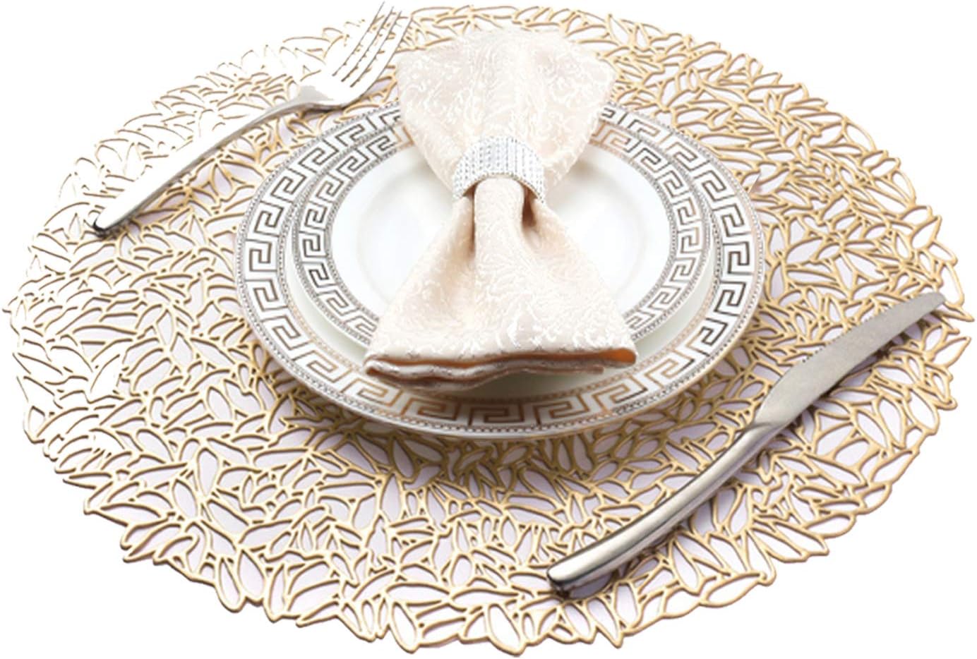 12 Pack Round Pressed Vinyl Placemats, Non-Slip Washable Gold Christmas Wedding Accent Centerpiece Placemat for Dining Table Kitchen Decor, 15inch