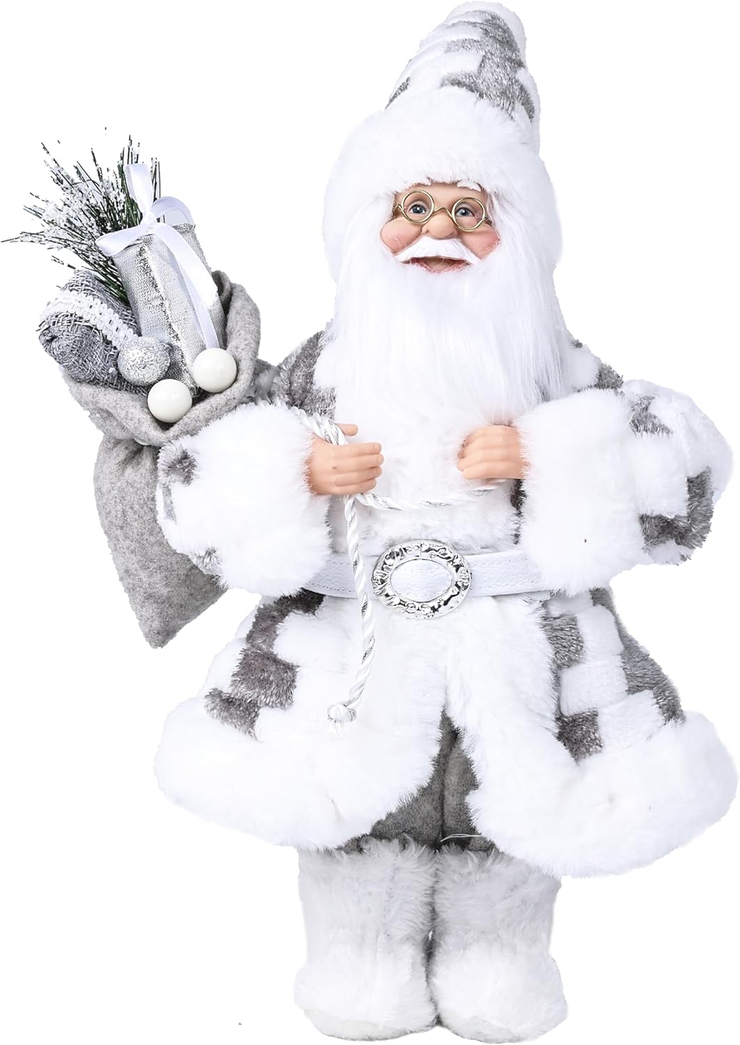 13.8inch Santa Claus Figurines Fluffy Christmas Standing Santa Figure Decorations Gift for Xmas Outdoor Indoor Home Office Ornaments Grey White Plaid