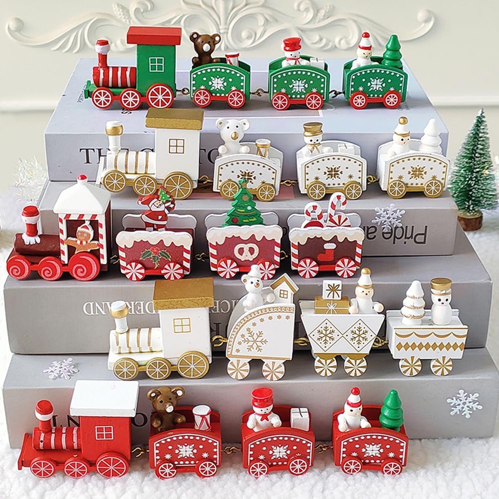 5Pcs Wooden Train Christmas Ornament Decorations with Gingerbread Snowman Christmas Tree Figurine Mini Train Decor for Merry Christmas Home Table Xmas Gifts Noel 2024 Happy New Year Decortion