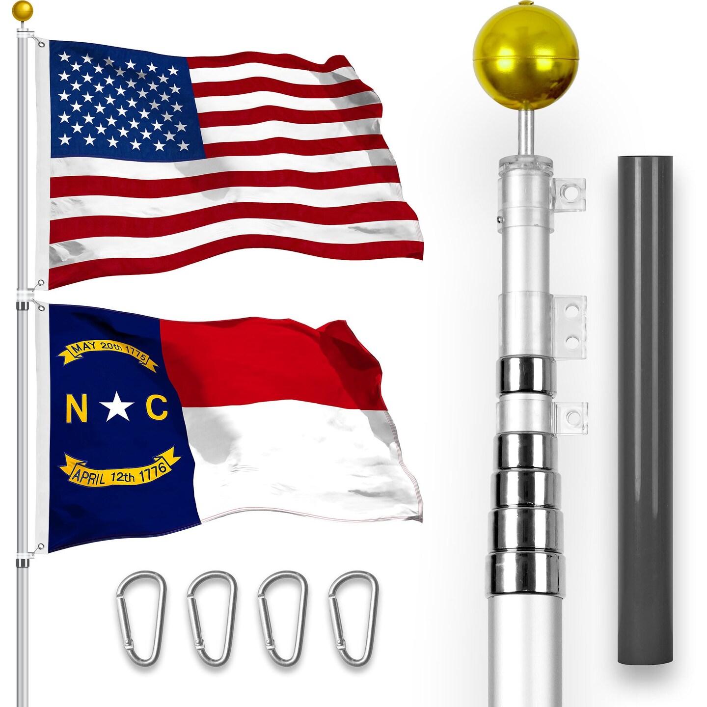 G128 Combo Pack: 20 Ft Telescoping Aluminum Flagpole (Silver) & American and North Carolina Flags 3x5 Ft, Both StormFlyer Series Embroidered 220GSM Spun Polyester | Pole with Flags Included