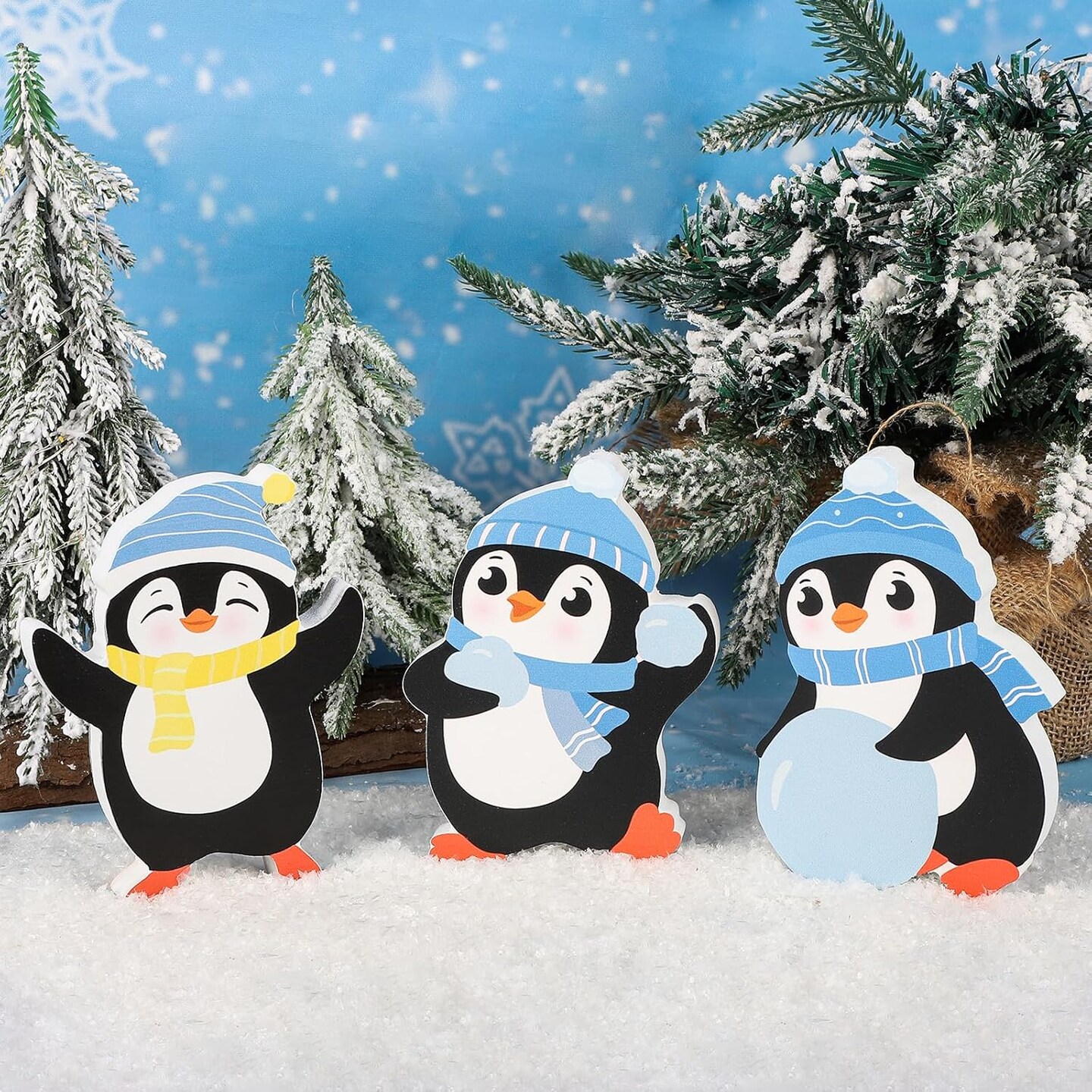Penguin Christmas Decorations Indoor, Cute Penguins Winter Tiered Tray Decor Set of 3, Wooden Penguin Blocks Xmas Table Decoration for Party Home Office Shelf Door (Light Blue)
