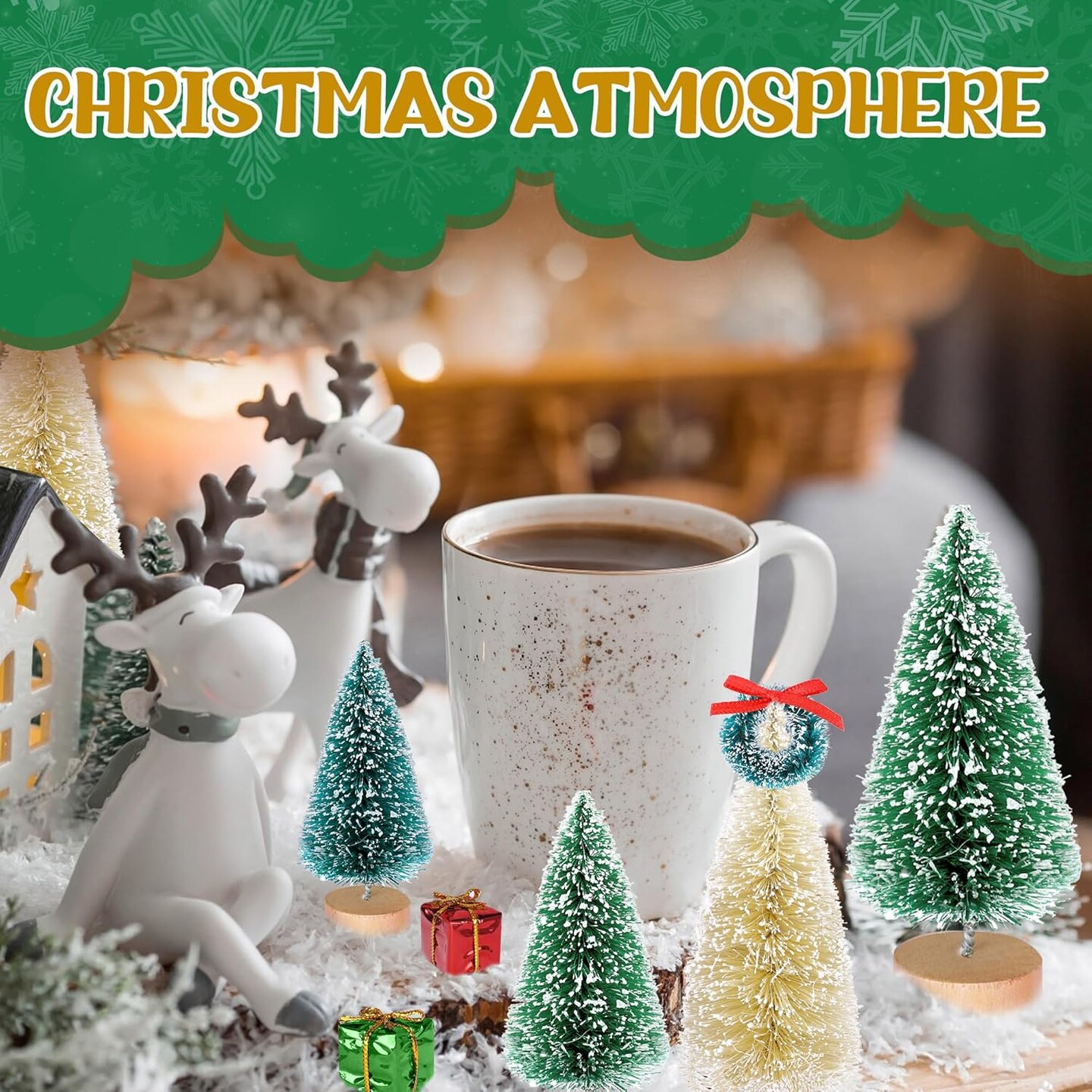 56 Pcs Artificial Mini Christmas Trees Set - Miniature Sisal Frosted Christmas Trees Bottle Brush Trees for DIY Crafts Home Table Top Decor