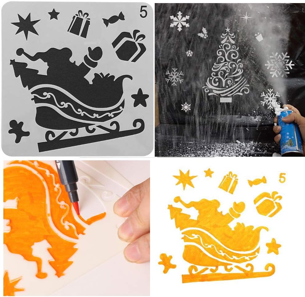 8 Pcs Christmas Stencils Template - Reusable Plastic Craft Stencils for Art Drawing Painting Spraying Window Glass Door Wood Journal Scrapbook Car Body Holiday Xmas Snowflake DIY Decoration 5x5 inch