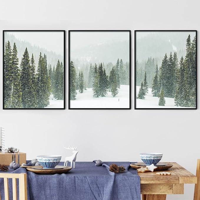 JarThenaAMCS Set of 3 Winter Trees Wall Art Prints Snow Covered Mountain Forest Art Poster Xmas Winter Nature Room Decor for Gallery Living Room Bedroom Wall, 11 x 14 Inch (No Frame)