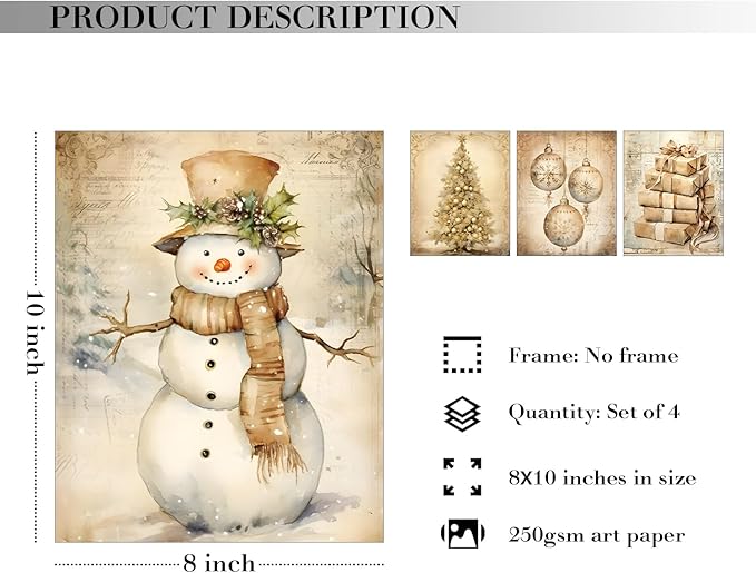 JXREQ Vintage Christmas Wall Decor, Christmas Prints 8x10, Retro Christmas Wall Art Decor for Home Bedroom Living Room Office, Christmas Snowman Tree Posters Wall Art Set of 4, Unframed