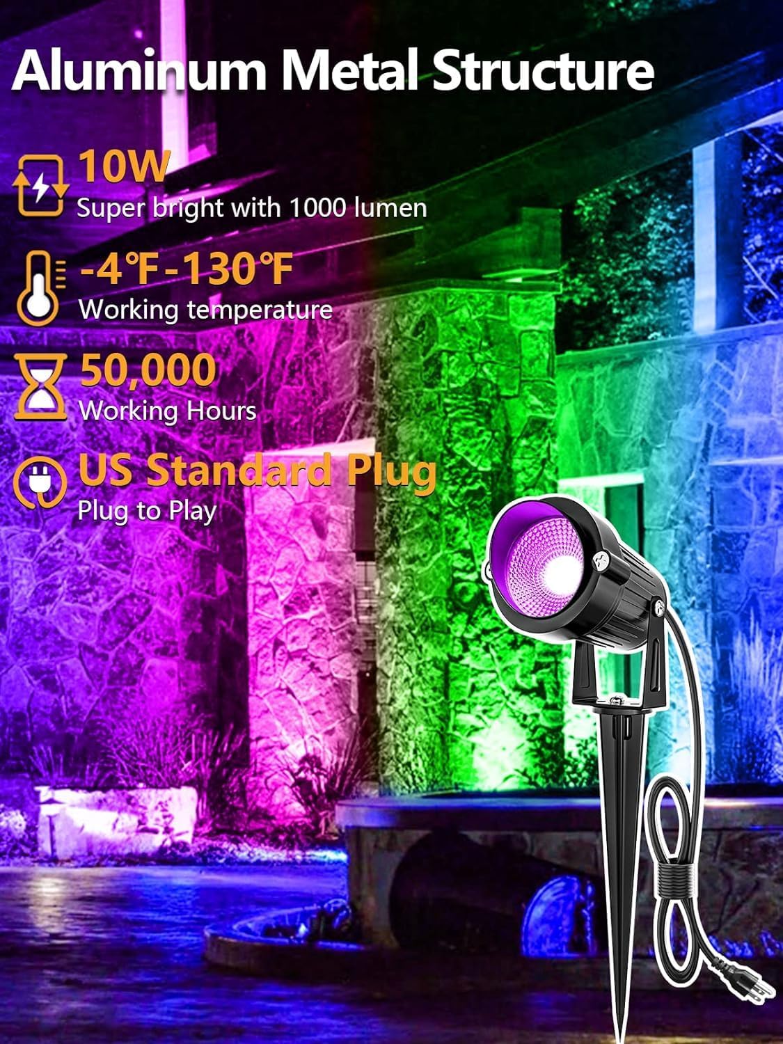 RGBW Christmas Spotlights Outdoor LED Spot Lights for Yard, 10W Color Changing Landscape Lighting 120V Waterproof Spotlight with Plug &#x26; Remote for House Garden Path Tree Decoration(6Pack)