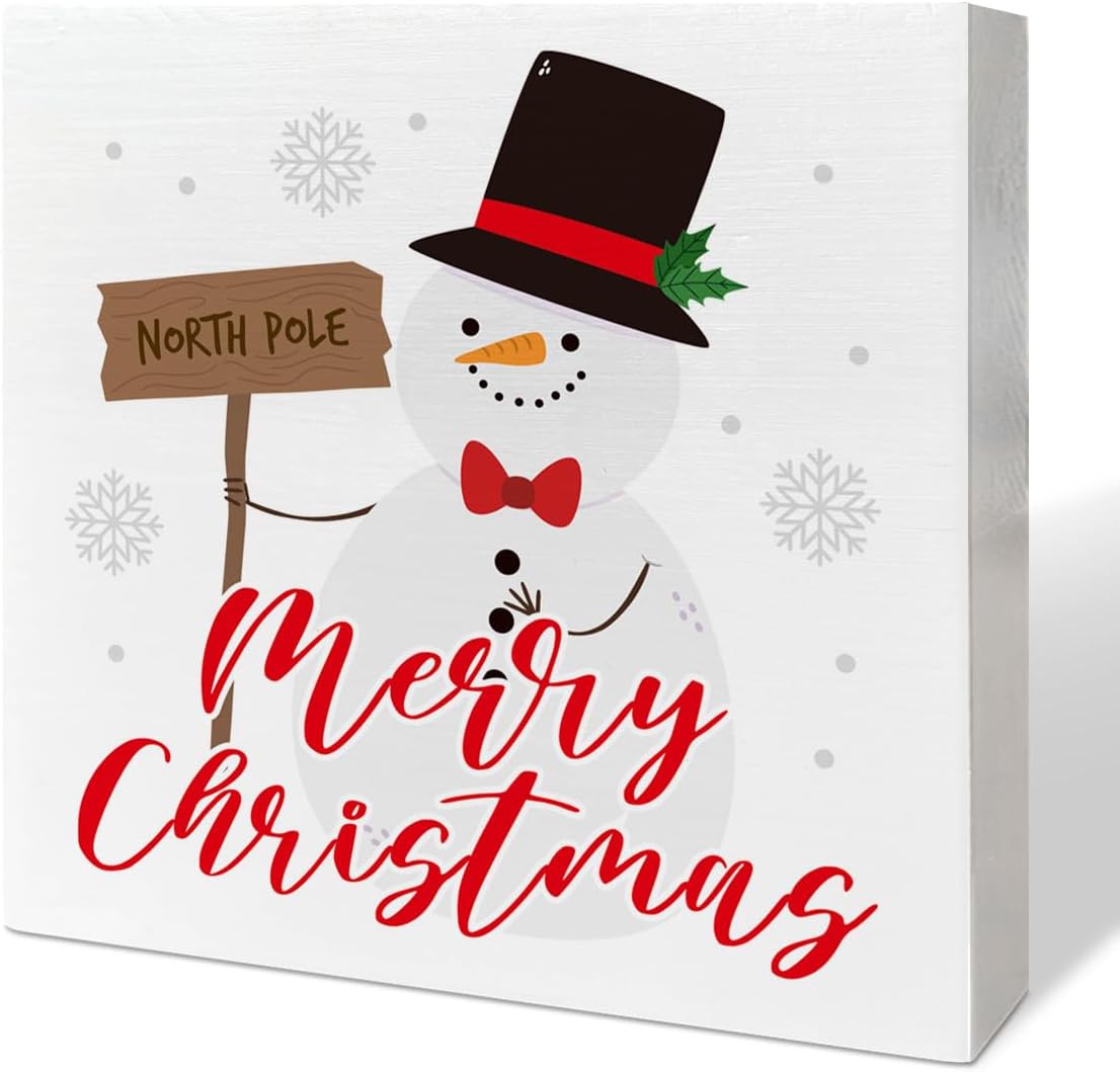 Merry Christmas Table Wooden Box Sign Decor, North Pole, Holiday Table Decor Snowman Xmas Tabletop Decorations for Home Kitchen Bedroom Shelf Office Desk Decor