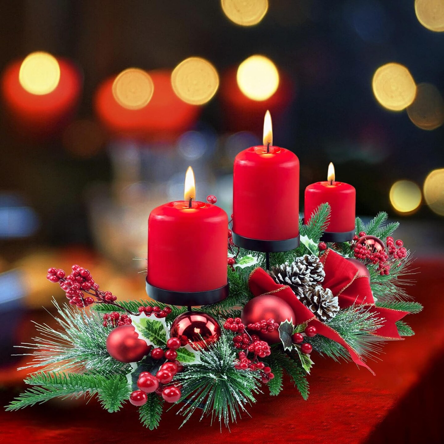 28&#x22; Christmas Triple Candelabrum, Holiday Candle Holder with Three Trays, Red Bowknot &#x26; Baubles, Natural Pine Cones, Red Berries, Green Leaves Holly, Spruce Branches, Pine Needles (Red)