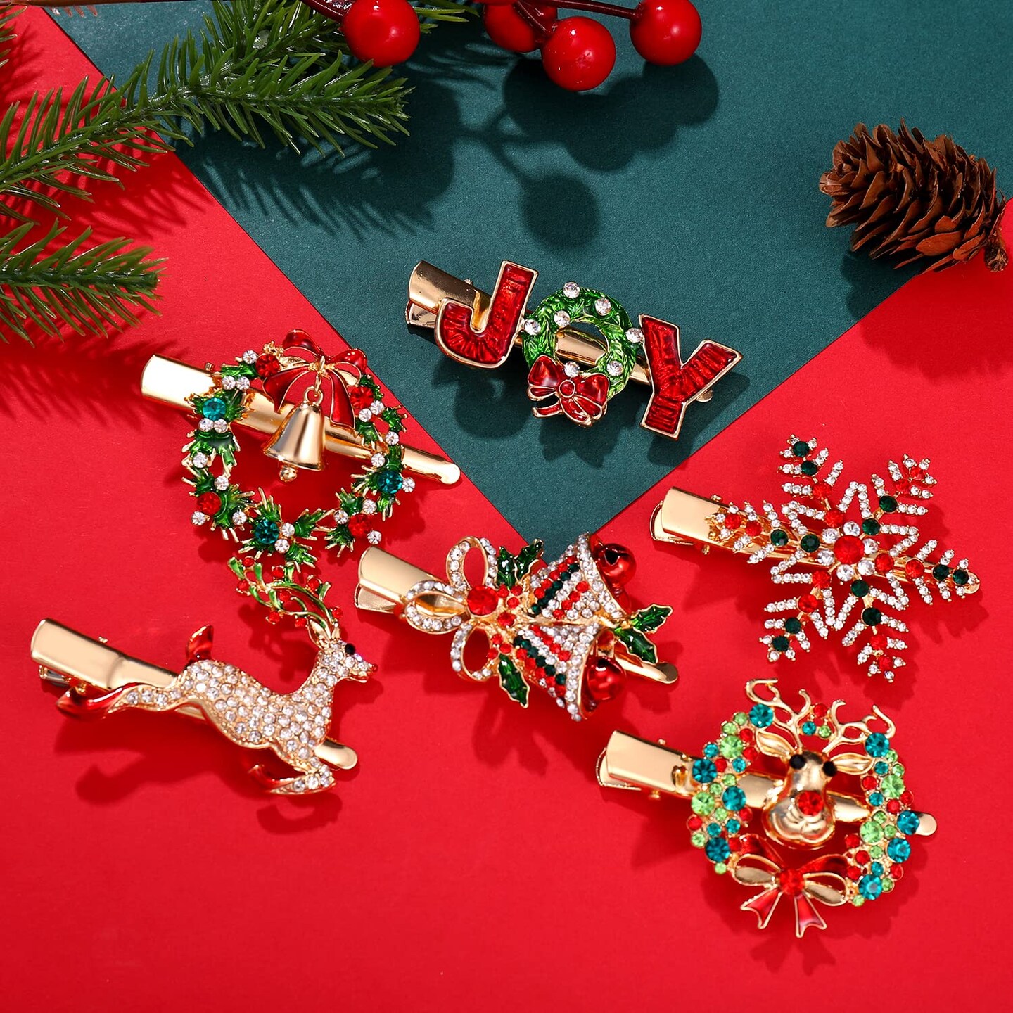 6PCS Christmas Hair Clips for Women Xmas Snowflake Wreath Reindeer Bell Hairpins Rhinestone Holiday Hair Barrettes Festive Costume Hair Accessory Gifts (6PCS Xmas Hair Clip)