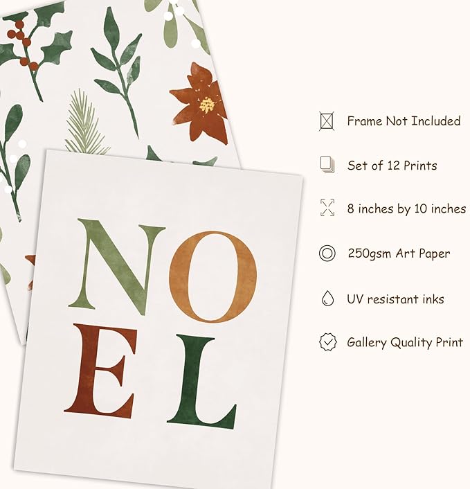 12Pcs Christmas Boho Wall Art Prints Minimalist Watercolor Xmas Art Poster Aesthetic Christmas Posters Room Decor for Xmas Tree Winter Gallery Living Room Bathroom Wall (UNFRAMED, 8x10in)