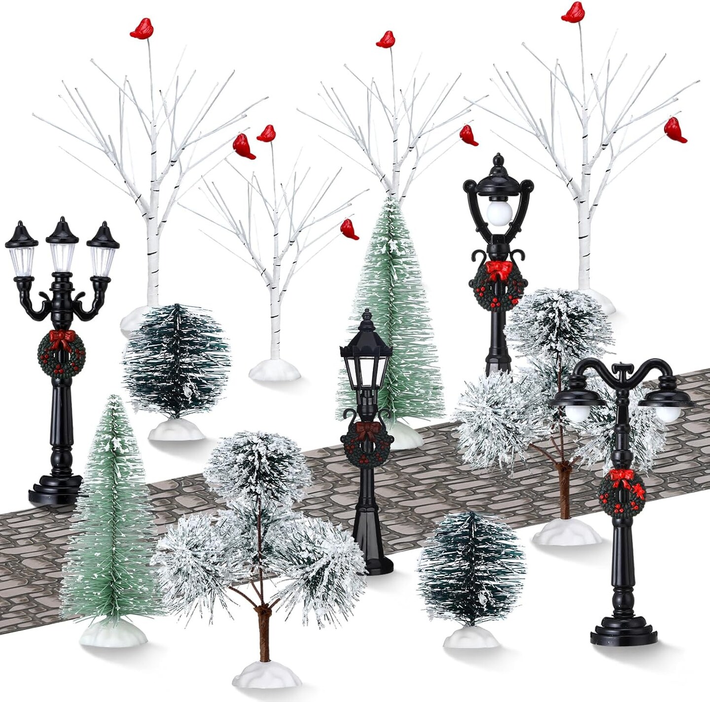 15 Pcs Christmas Figurine Village Accessories Miniature Pine Trees Snow Artificial Christmas Trees Cardinal Bare Branch Trees Streetlight Lamps Cobblestone Street Figurine for Xmas Winter (Elegant)