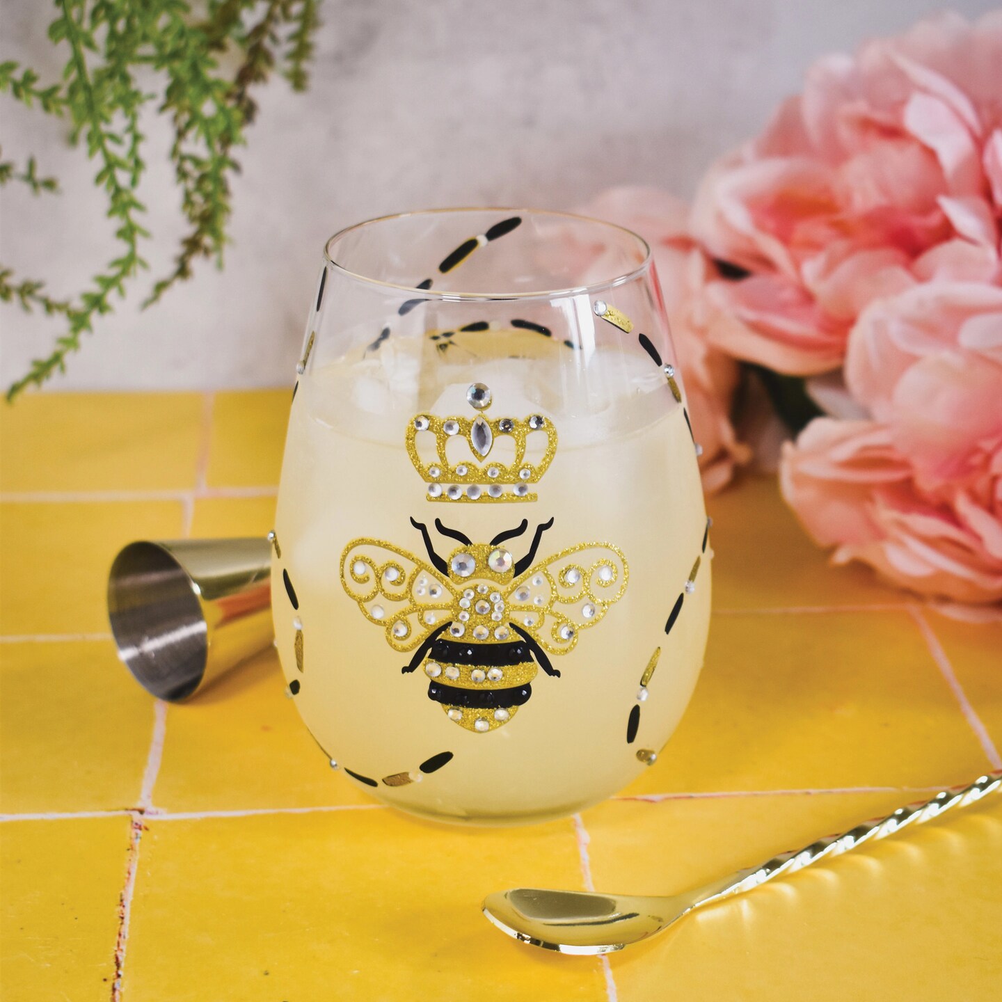 Lolita Queen Bee Stemless Hand Painted Wine Glass 5in H