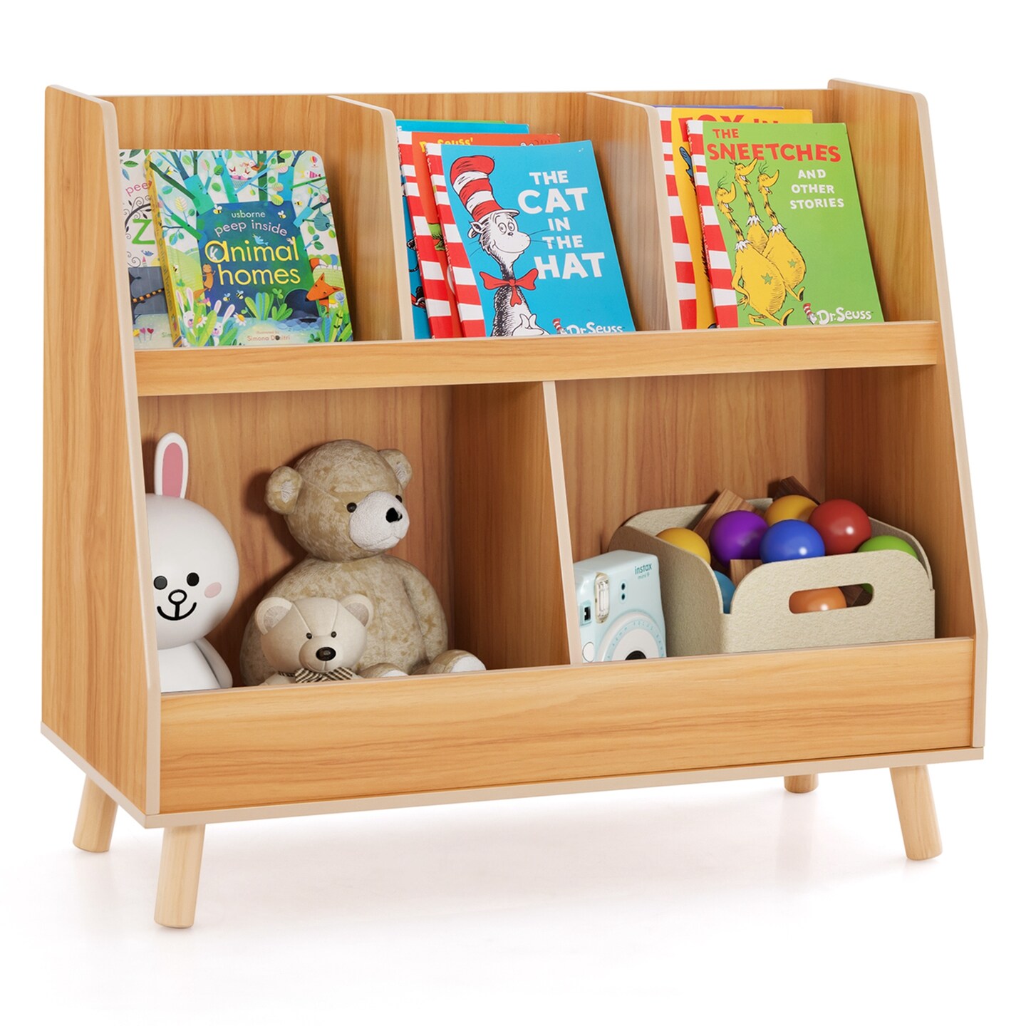 Costway 5-Cube Kids Bookshelf and Toy Organizer Wooden Storage Bookcase with Wood Legs Natural/White/Beige