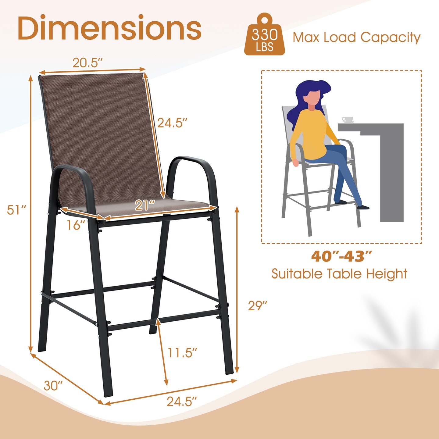 Set of 2 Outdoor Bar Stools 29 Inch High Back Fabric Patio Chairs with Armrests and Footrest Metal Frame