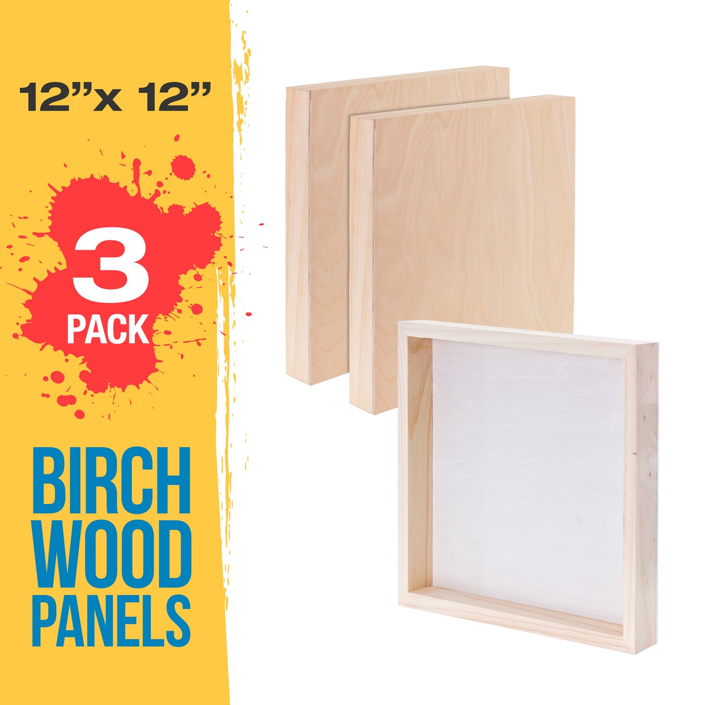 Unfinished Cradled Wood Panels for Painting, 3 Pack of 12x12 inch - Gallery Birch Wooden Canvas Boards 1-1/2&#x22; Deep - Mixed-Media Craft, Acrylic, Oil, Encaustic, Paint Pouring
