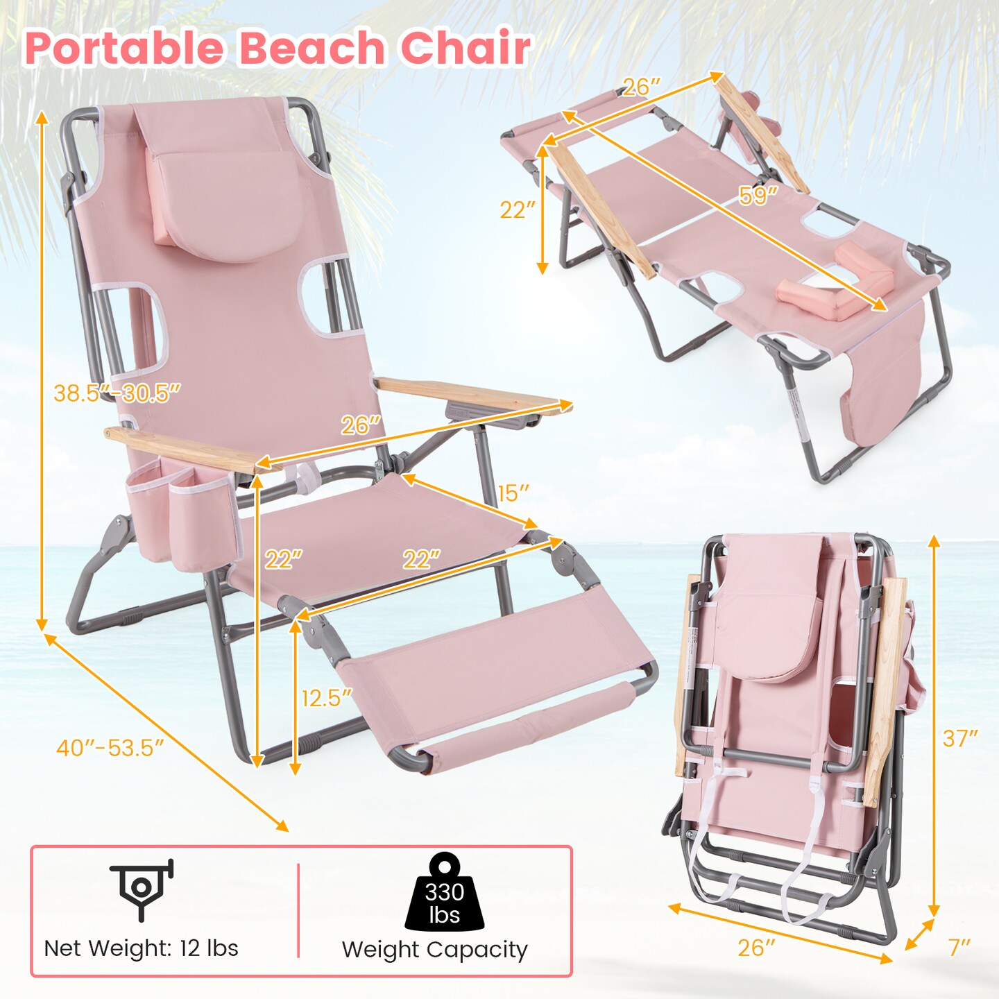 Folding Adjustable Beach Chair with Lay Flat Recliner Face Hole and Footrest Portable