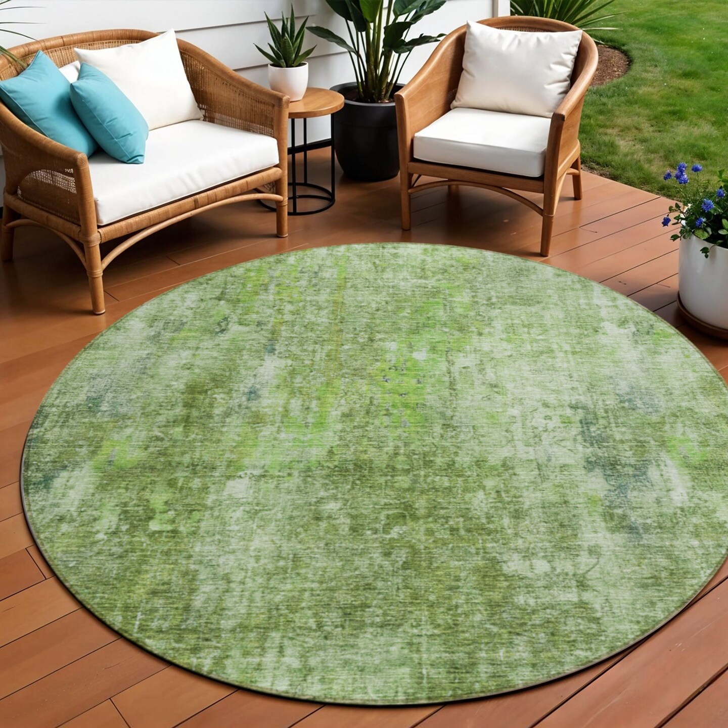 Edge Collections - 8' - Green - Abstract Round Washable Area Rug for Indoor and Outdoor Use - 1 Piece