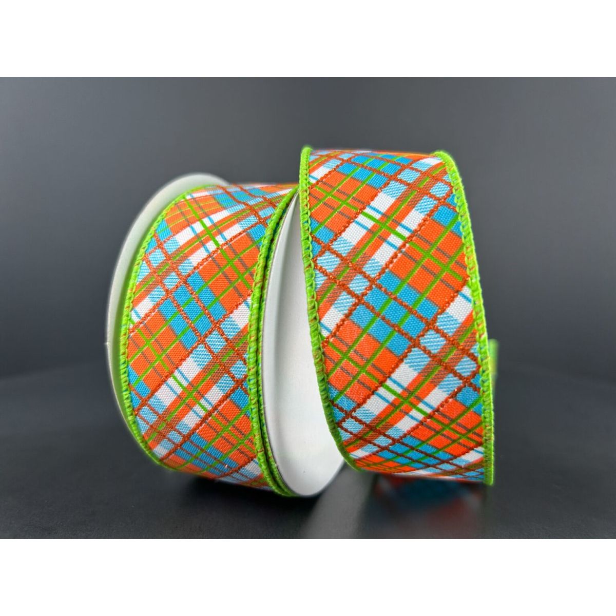 1.5&#x22; White Satin Busy Plaid Ribbon: Teal, Lime and Orange (10 Yards)